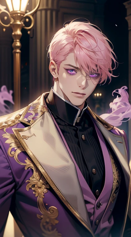 undercucho Close Portrait of Elegant Person [undercucho] in bespoke MAN suit: tall muscular man, classic style, intricate detial baroque, elegant, bright lights, highly detailed, digital painting, artstation, concept art, soft and sharp focus, portrait , illustration, art by wlop, mars ravelo and greg rutkowski (High detail skin: 1.2), 8k uhd, DSLR, soft lighting, high quality, film grain, Fujifilm XT3 mix4, male model, (((1 MAN))) suit, seductive, Florence, Italy background, (((/LOOKING AT THE VIEWER/))) ((((SHORT PINK HAIR))) (((LONG BANGS))) (((VIOLET EYES))) (((DELIGHTED LOOK))), SMILE, MYSTERIOUS AURA, night, bokeh, depth of field, (upper body: 1.0), best quality, intricate details, detailed eyes, masterpiece, film grain, 1900s, kodakchrome, flashlight, strange smoke around him, MASTERPIECE