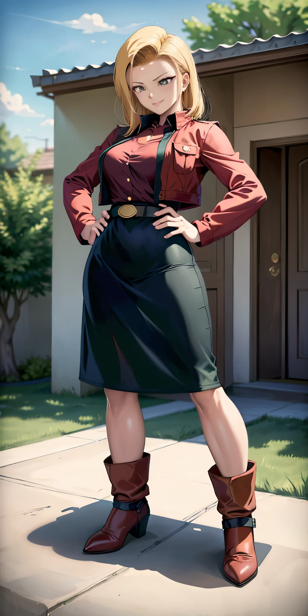 (Full body, view from below, cowboy shot, looking at viewer, masterpiece, best quality, ultra detailed, immaculate:1.2) Android 18 from DBZ, 30 y.o. woman, red eyes, short BLONDE hair, posing for photo, seductive smile, grey jacket, red necktie, green skirt, Sakura tree, building, (pinched eyes) (closed mouth) (hands on hips)