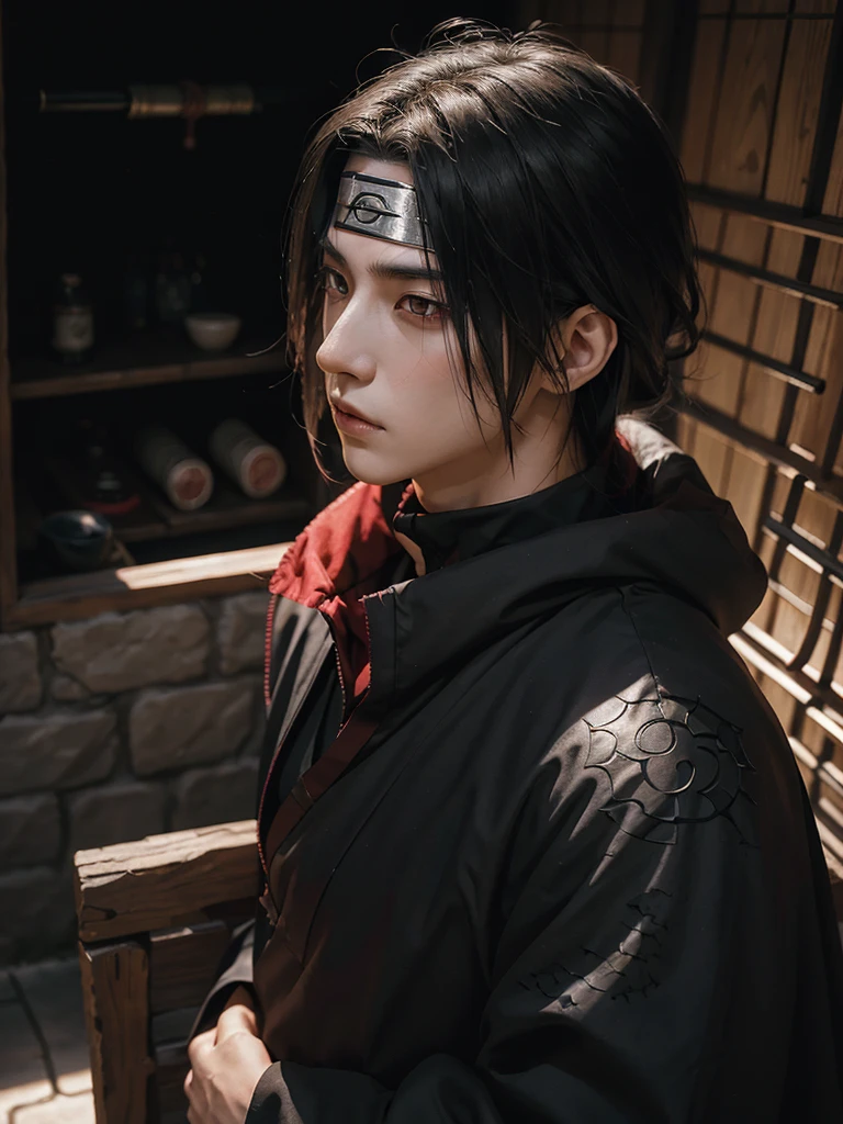 Enter the enigmatic world of Uchiha Itachi, a figure shrouded in mystery and complexity. Clad in his iconic cloak, the darkness seems to linger around him, hinting at the shadows of his past and the weight of his sacrifices. His piercing gaze betrays a depth of wisdom and sorrow, a reflection of the burdens he carries as a shinobi with a tumultuous past. As a member of the renowned Uchiha clan, Itachi's presence exudes a blend of power and restraint, an embodiment of the clan's legacy and tragic history. His attire bears the distinct Uchiha symbol, a reminder of his heritage and the path he has walked. In this portrayal, Itachi stands as a formidable yet enigmatic figure, captivating viewers with his stoic demeanor and inscrutable expression. His character is a tapestry of contradictions, a mix of darkness and light, strength and vulnerability, making him a compelling and multifaceted individual in the world of shinobi. Immerse yourself in the enigma of Uchiha Itachi, where shadows and light dance upon his visage, revealing only fragments of the intricate tapestry that is his story. Explore the depths of his character and the legacy he carries, as he walks the fine line between darkness and redemption in the ever-evolving world of ninjutsu and shinobi warfare. Banda en la cabeza con el simbolo de la aldea de la hoja, la banda es de metal debajo tiene cuero negro.