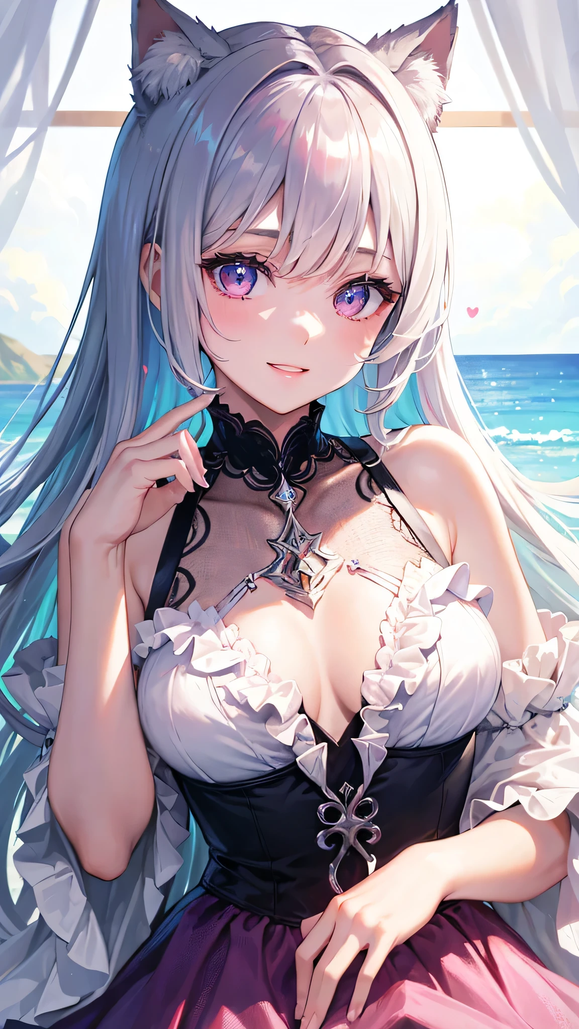 masterpiece,highest quality,Highly detailed face,fine grain,Waterfront,bubble,Sparkling eyes,Highlighted eyes,,pretty girl,smile,Cat ear,Beautiful silver hair,Pink inside,Beautiful pink eyes,Swimwear、Frills,middle chest
