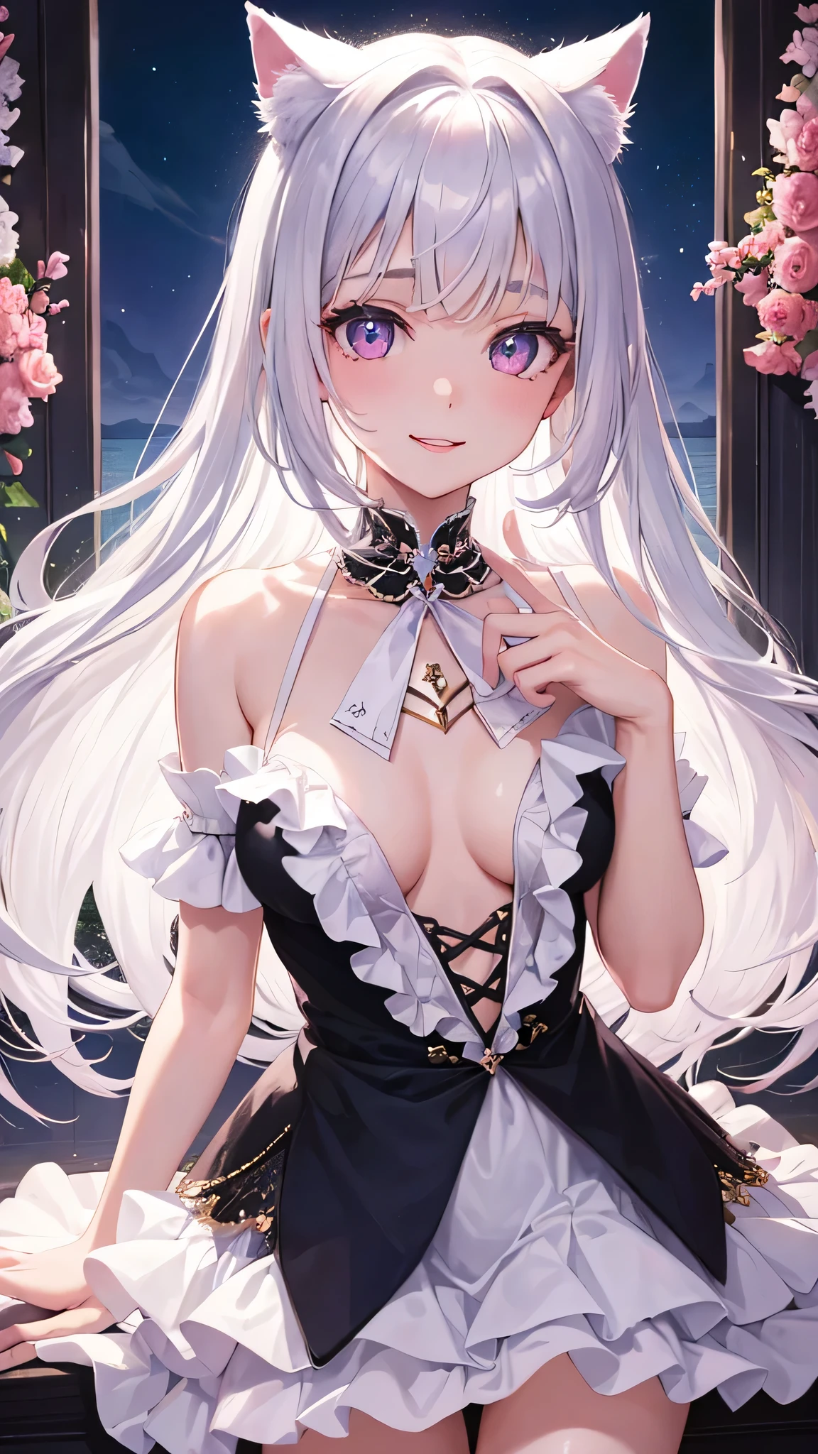 masterpiece,highest quality,Highly detailed face,fine grain,Waterfront,bubble,Sparkling eyes,Highlighted eyes,,pretty girl,smile,Cat ear,Beautiful silver hair,Pink inside,Beautiful pink eyes,Swimwear、Frills,middle chest