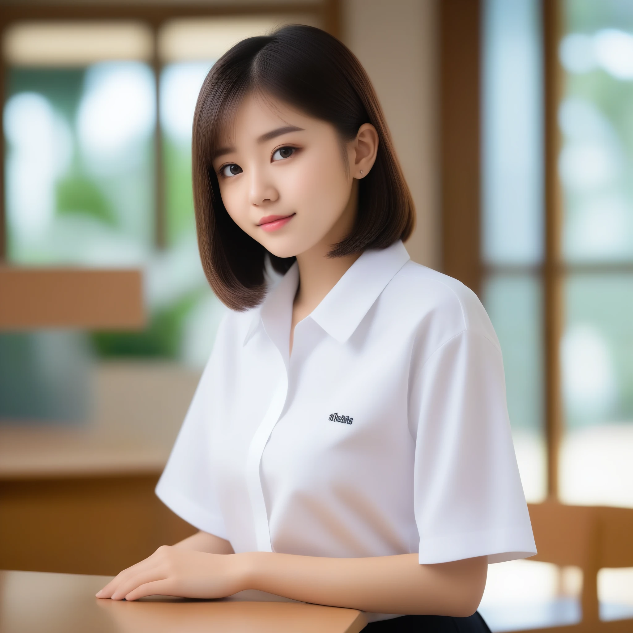 8k, Ultra-high resolution, highest quality, masterpiece, Rule of thirds photography,Surreal, photograph, 1 girl, (:1.3), cute女の子, cute顔, Beautiful eyes in every detail, 細かくdetailedに,masterpiece,, One Girl:1.2, Japan Female Announcer, whole body, Pause, (Side view:0.9), (Professional Lighting, Light on the face), 1 girl, cute, Perfect body, View Viewer, The body is slim, (非常にdetailedな目と顔, Beautifully detailed nose, Beautiful fine details), (Beautiful knees, White thighs), (classroom, Wooden desk and wooden chair), ((school uniform, Short sleeve uniform white shirt)), 18-year-old, (Semi-long hair, Bob Hair, short hair, Hairside lock), (Bokeh:1.5),Looking at the audience、beauty,Long neck、Laugh a little、Please close your mouth and laugh、(((Ideal body type))),A cup small breasts :2,whole body、Perfect Anatomy、鮮明なdetailed、detailed、Surreal、Light and shadow,Strong light