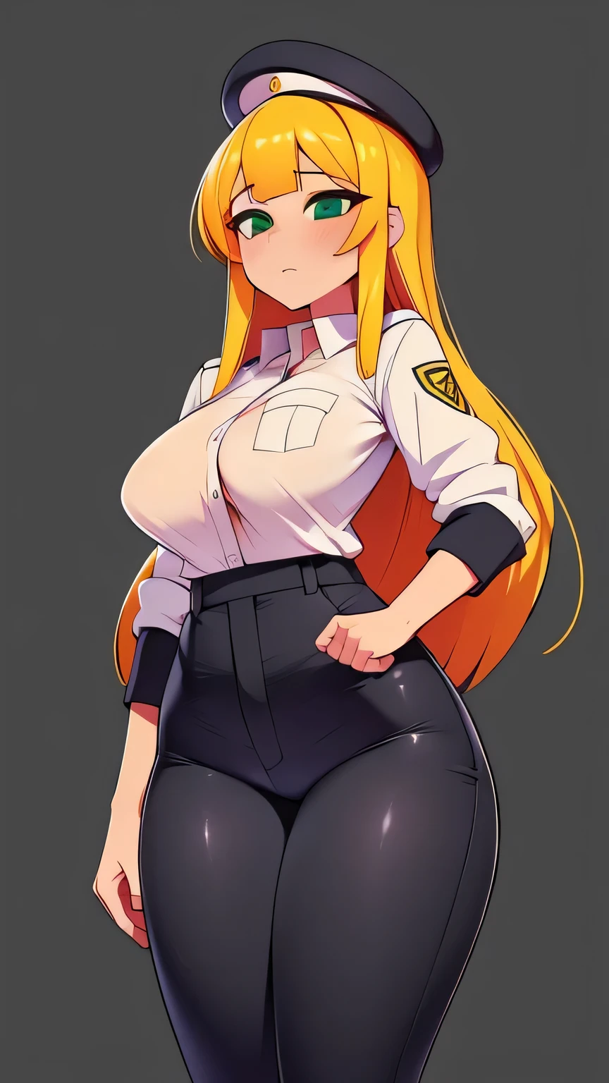 A beautiful girl beautiful sexy sexy big breast long bright yellow hair her green eye wears white button down security uniform and tight black pants big thigh sexy pink heels 