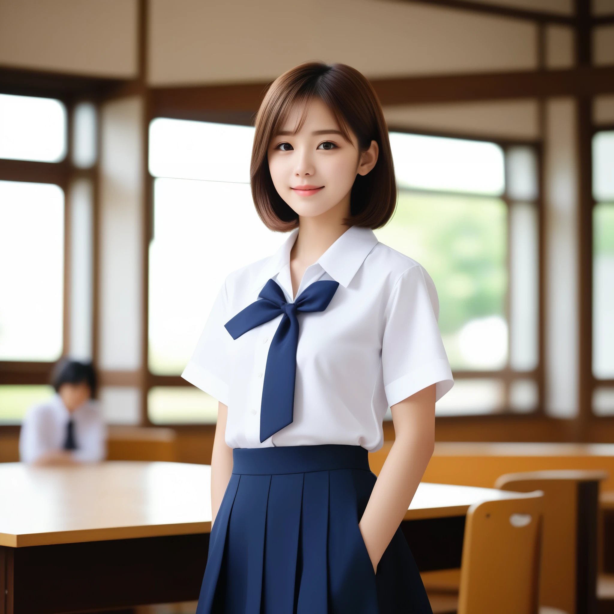 8k, Ultra-high resolution, highest quality, masterpiece, Rule of thirds photography,Surreal, photograph, 1 girl, (16 years old:1.3), cute女の子, cute顔, Beautiful eyes in every detail, 細かくdetailedに,masterpiece,, One Girl:1.2, Japan Female Announcer, whole body, Pause, (Side view:0.9), (Professional Lighting, Light on the face), 1 girl, cute, Perfect body, View Viewer, The body is slim, (非常にdetailedな目と顔, Beautifully detailed nose, Beautiful fine details), (Beautiful knees, White thighs), (classroom, Wooden desk and wooden chair), ((school uniform, Short sleeve uniform white shirt)), 18-year-old, (Semi-long hair, Bob Hair, short hair, Hairside lock), (Bokeh:1.5),Looking at the audience、beauty,Long neck、Laugh a little、Please close your mouth and laugh、(((Ideal body type))),A cup small breasts :2,whole body、Perfect Anatomy、鮮明なdetailed、detailed、Surreal、Light and shadow,Strong light