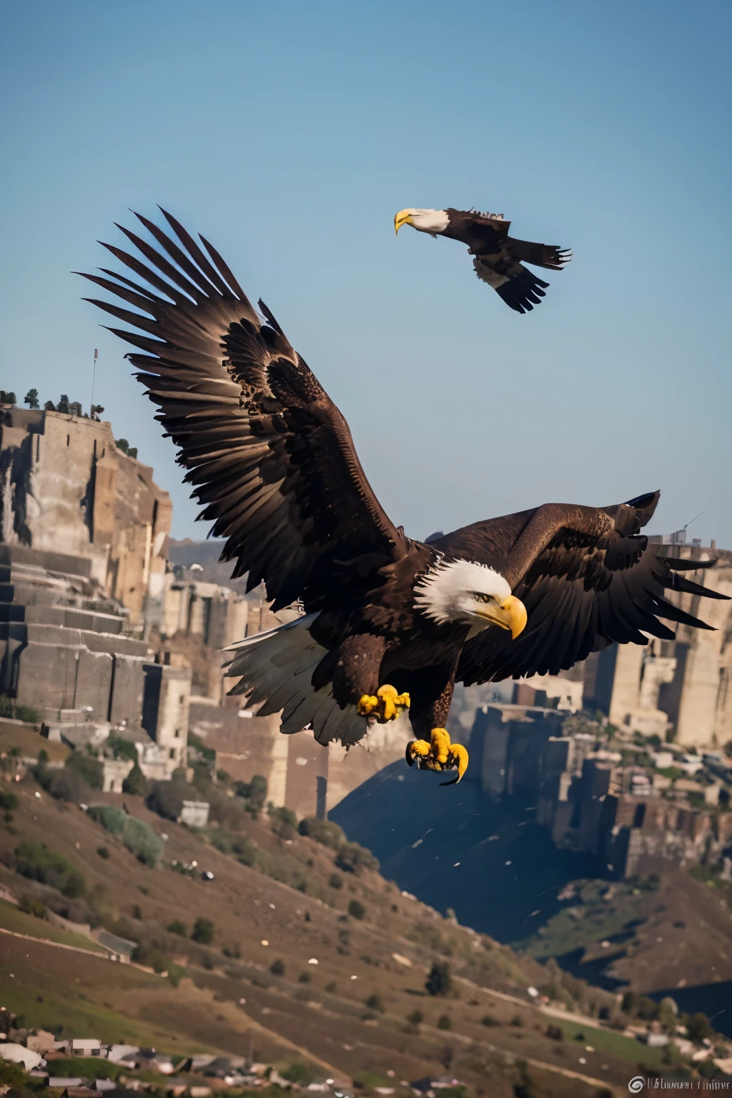 "Imagine a majestic eagle soaring in the skies, its wings outstretched in full span, while it surveys its target below. Beneath it, a black car stands out in the landscape, with the logo 'GTech CeLL' visible on top. The eagle, with sharp eyes and unwavering focus, prepares to dive towards its target with impressive precision and dexterity. Capture the scene with details, conveying the intensity of the moment and the eagle's determination to reach its prey."