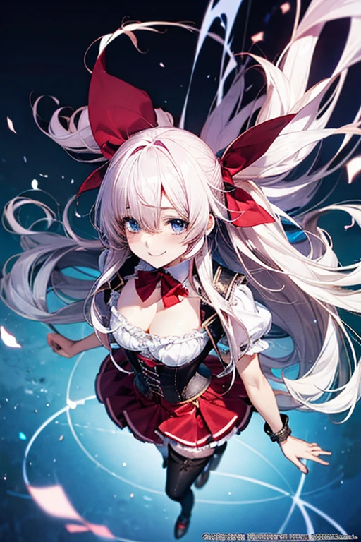 anime girl, (corset dress: 1.2), (stockings), (Big smile), (whole body), (Long white hair), (View from above), (Hair in one eye),Enchanting anime girl, Best anime 4K, wallpapers, Attractive anime girl, 4k anime wallpaper, 4K Manga Wallpaper, Detailed digital anime art, Anime Best Girls, Beautiful Anime Girls, cyber punk, Detailed anime artwork, Beautiful and attractive anime women