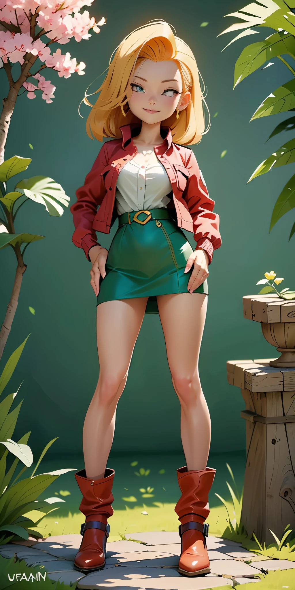 (Full body, view from below, cowboy shot, looking at viewer, masterpiece, best quality, ultra detailed, immaculate:1.2) Android 18 from DBZ, 30 y.o. woman, red eyes, short BLONDE hair, posing for photo, seductive smile, grey jacket, red necktie, green skirt, Sakura tree, building, (pinched eyes) (closed mouth) (hands on hips)