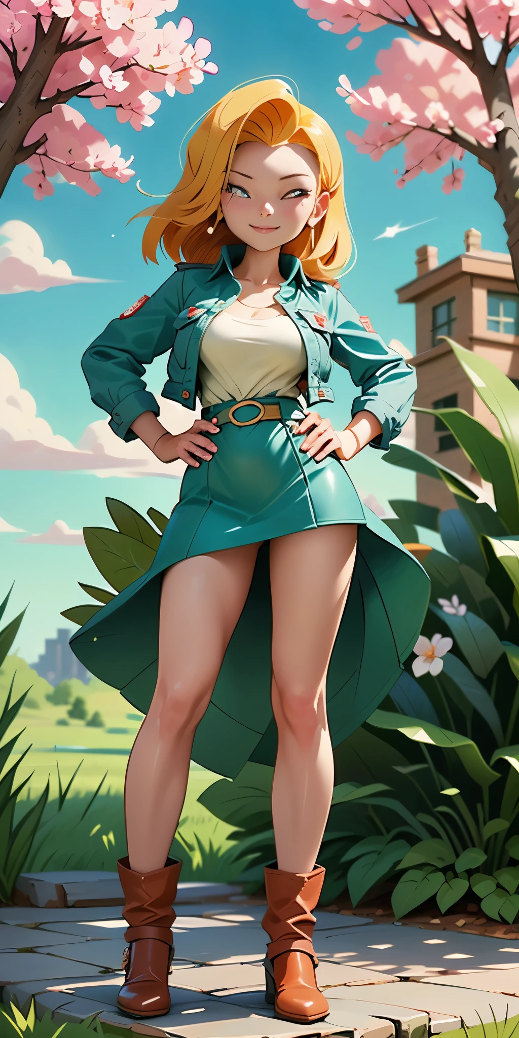 (Full body, view from below, cowboy shot, looking at viewer, masterpiece, best quality, ultra detailed, immaculate:1.2) Android 18 from DBZ, 30 y.o. woman, red eyes, short BLONDE hair, posing for photo, seductive smile, grey jacket, red necktie, green skirt, Sakura tree, building, (pinched eyes) (closed mouth) (hands on hips)