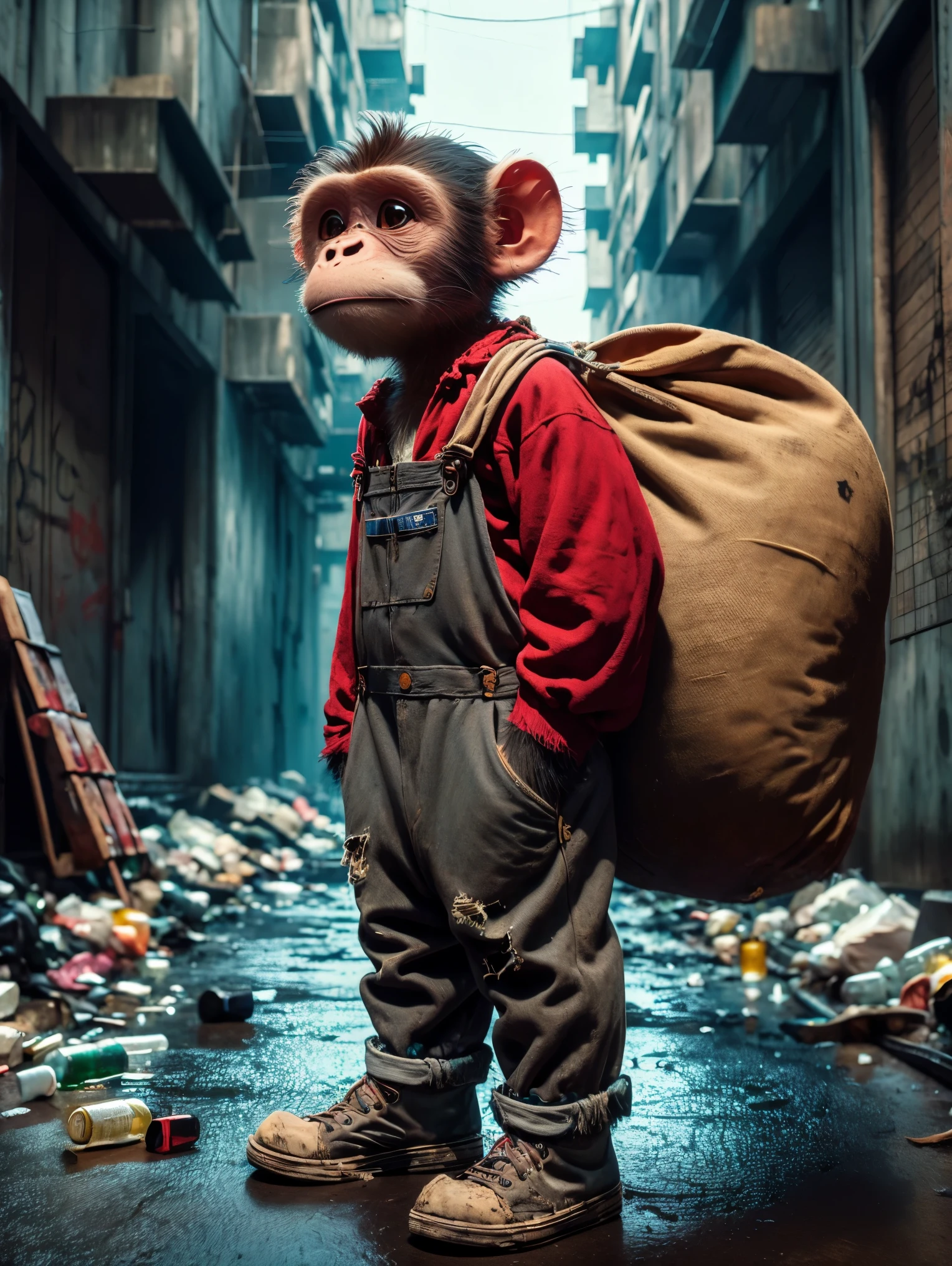 (personification:1.3)，(Very poor monkey)，Dressed in rags(Gray baseball jacket:1.3)and(Overalls)，(Tattered cloth shoes)，Dragging a bag taller than himself，Little monkey standing in the city street，地上堆满了垃圾and瓶子，Original painting style，But change the background to a city scene，Strengthens the contrast between the innocence of the characters and the harshness of the urban environment，Highlights the dire conditions in urban wasteland