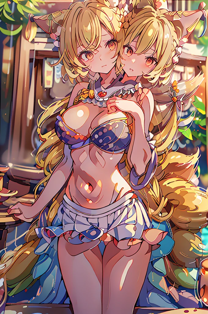 (masterpiece, best quality), best quality, (ultra-detailed), (3heads:1.5), 1girl, (yakumo ran:1.3), masterpiece, best quality, ultra quality, ultra resolution, blue top, crop top, ((stomach)), midriff, ((groin)), blue skirt, normal ears, shackles, blonde hair, very long hair, wavy hair, sidelocks, yellow eyes, detailed eyes, parted lips, open belly, sweat, cute, toned belly, hand on own chest, eyelashes, (25 year old woman:1.3), (masterpiece:1.5), (best quality:1.5), (beautiful detailed extremely detailed CG, extremely delicate and beautiful, depth of field, (finely detailed face), (perfect details:1.2), ( female:1.3), wide pelvis, slender, large veiny breastresolution, highres, high quality, high definition, extremely detailed, masterpiece, blonde hair, long hair, alluring presence, braid, short skirt, close up, big tits, yo cut, fox ears, fox girl, fox tail, multiple tails, frilled hat, hat, (girl with three heads),