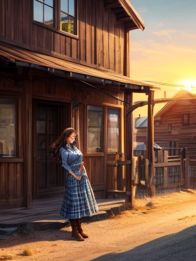 {Hyper realistic dynamic vision, sharp clean image and UHD 16K} A beautiful woman with a slim waist and snapper hips, in country style (thin blue and black plaid dress shirt, tight fitted shirt), standing out in a western town. Her tanned skin shines in the setting sun, “sweat”, large symmetrical and radiant green eyes, wavy brown hair falls gently over her shoulders. She wears a brown cowboy hat, thin blue and black plaid, tight-fitting dress shirt, faded jeans, and embroidered leather boots. It is on a dirt street surrounded by typical western wooden buildings. The local saloon has swinging doors and a porch where the cowboys chat. The barbershop has a rotating plate and the blacksmith shop next door is active with the sound of hammering. Horses tied to wooden posts and a hay cart passing by complete the scene. The golden light of the sunset casts shadows and bathes the city in a warm glow, capturing the vibrant essence of the Old West.
