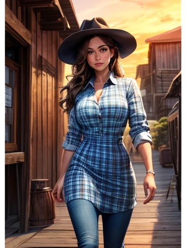 {Hyper realistic dynamic vision, sharp clean image and UHD 16K} A beautiful woman with a slim waist and snapper hips, in country style (thin blue and black plaid dress shirt, tight fitted shirt), standing out in a western town. Her tanned skin shines in the setting sun, “sweat”, large symmetrical and radiant green eyes, wavy brown hair falls gently over her shoulders. She wears a brown cowboy hat, thin blue and black plaid, tight-fitting dress shirt, faded jeans, and embroidered leather boots. It is on a dirt street surrounded by typical western wooden buildings. The local saloon has swinging doors and a porch where the cowboys chat. The barbershop has a rotating plate and the blacksmith shop next door is active with the sound of hammering. Horses tied to wooden posts and a hay cart passing by complete the scene. The golden light of the sunset casts shadows and bathes the city in a warm glow, capturing the vibrant essence of the Old West.