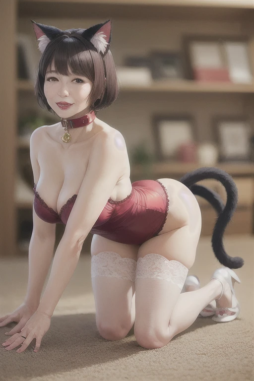 elegant mature japanese woman, 55 years old, noble lady, beautiful detailed lips, fluffy tail, long eyelashes, chubby body type, lingerie, (full body), sexy, glamorous, (cat ears), tail, bob haircut, collar, (red lipstick), charismatic, crawling on all fours