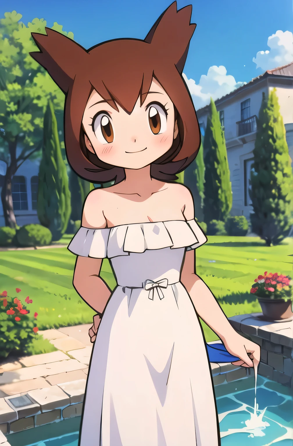 1 girl, solo, Pokemon Heroes (Bianca), Brown Hair, brown eyes, smile, cowboy shot, facing viewer,, absurdres, ultra detailed, masterpiece, best quality, ager, masterpiece, best quality, Blushing, Bare Neck, Bare Shoulders, strapless, White Ruffle off the Shoulder maxi dress. Standing up. Cowboy shot. A landscape of blue skies, a mountain, a mansion, an garden maze, a water pool