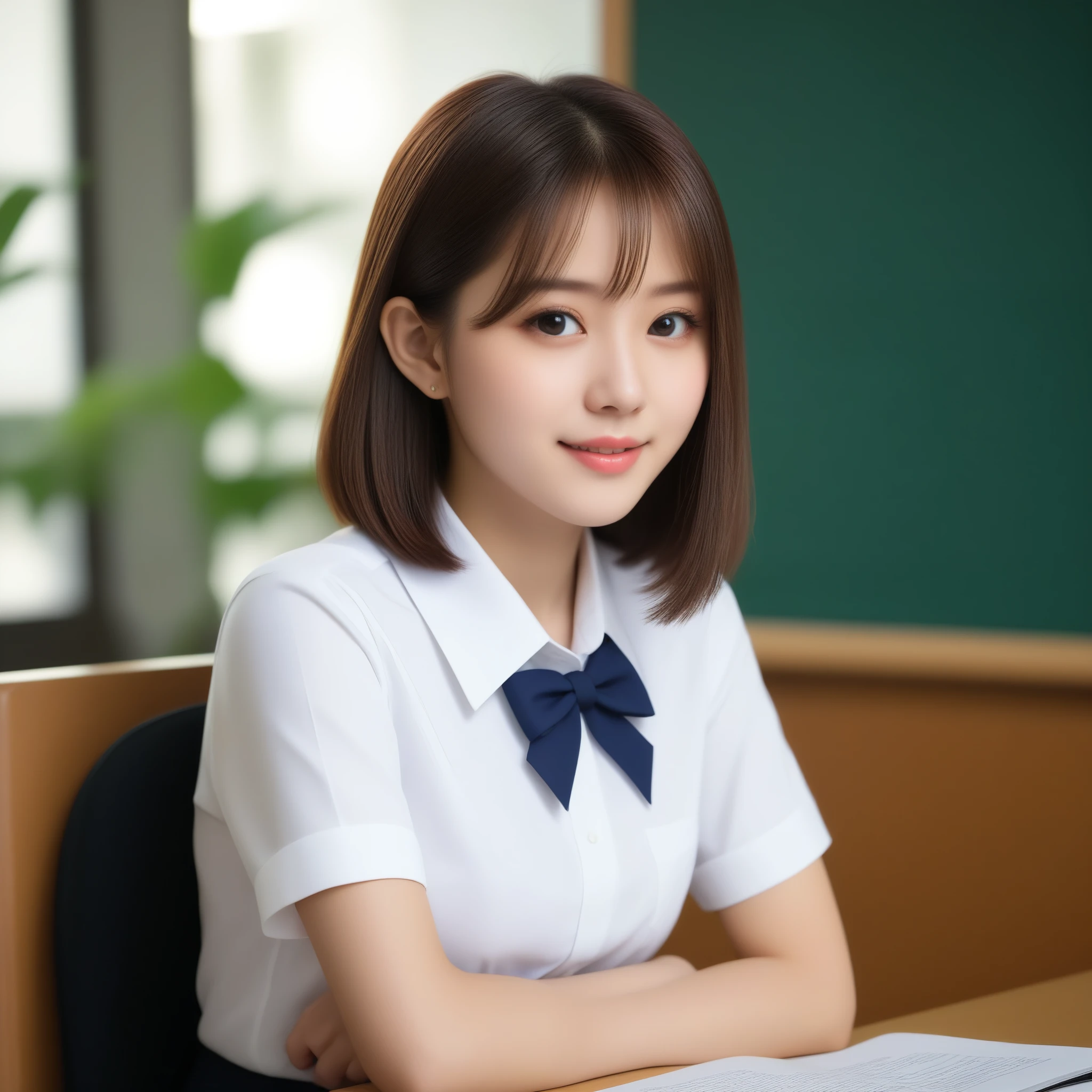 8k, Ultra-high resolution, highest quality, masterpiece, Rule of thirds photography,Surreal, photograph, 1 girl, (:1.3), cute女の子, cute顔, Beautiful eyes in every detail, 細かくdetailedに,masterpiece,, One Girl:1.2, Japan Female Announcer, whole body, Pause, (Side view:0.9), (Professional Lighting, Light on the face), 1 girl, cute, Perfect body, View Viewer, The body is slim, (非常にdetailedな目と顔, Beautifully detailed nose, Beautiful fine details), (Beautiful knees, White thighs), (classroom, Wooden desk and wooden chair), ((school uniform, Short sleeve uniform white shirt)), 18-year-old, (Semi-long hair, Bob Hair, short hair, Hairside lock), (Bokeh:1.5),Looking at the audience、beauty,Long neck、Laugh a little、Please close your mouth and laugh、(((Ideal body type))),A cup small breasts :2,whole body、Perfect Anatomy、鮮明なdetailed、detailed、Surreal、Light and shadow,Strong light