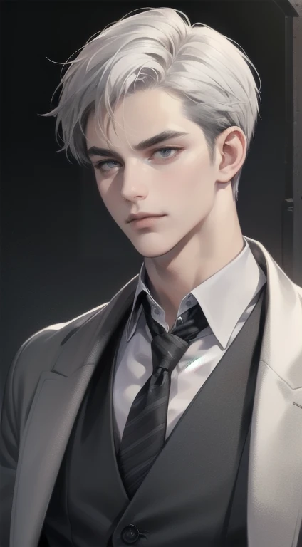 masterpiece, best quality, realistic, 1man, mature male, quiet and charming  man, 35 years old, close his eyes, serious look, extremely detailed face, smirk, ((dark grey eyes)), ((short-right-swept dark white hair)), [thick eyebrows], detective, Black background, ((suit)), cinematic lighting
