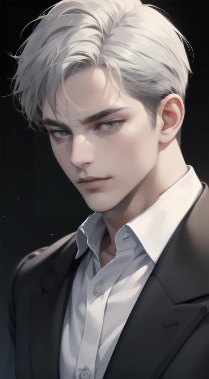 masterpiece, best quality, realistic, 1man, mature male, quiet and charming  man, 35 years old, close his eyes, serious look, extremely detailed face, smirk, ((dark grey eyes)), ((short-right-swept dark white hair)), [thick eyebrows], detective, Black background, ((suit)), cinematic lighting