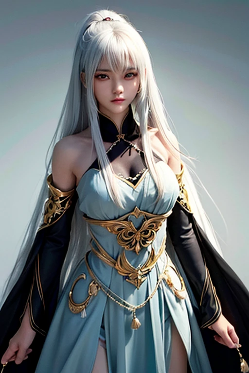 She is a dark-skinned girl, displaying a strong and determined expression that reflects her courageous personality. Her long white hair falls softly over her shoulders, contrasting with the dark tone of her skin. His green eyes shine intensely, gives him a penetrating and mysterious look. Dressed in an elegant black outfit