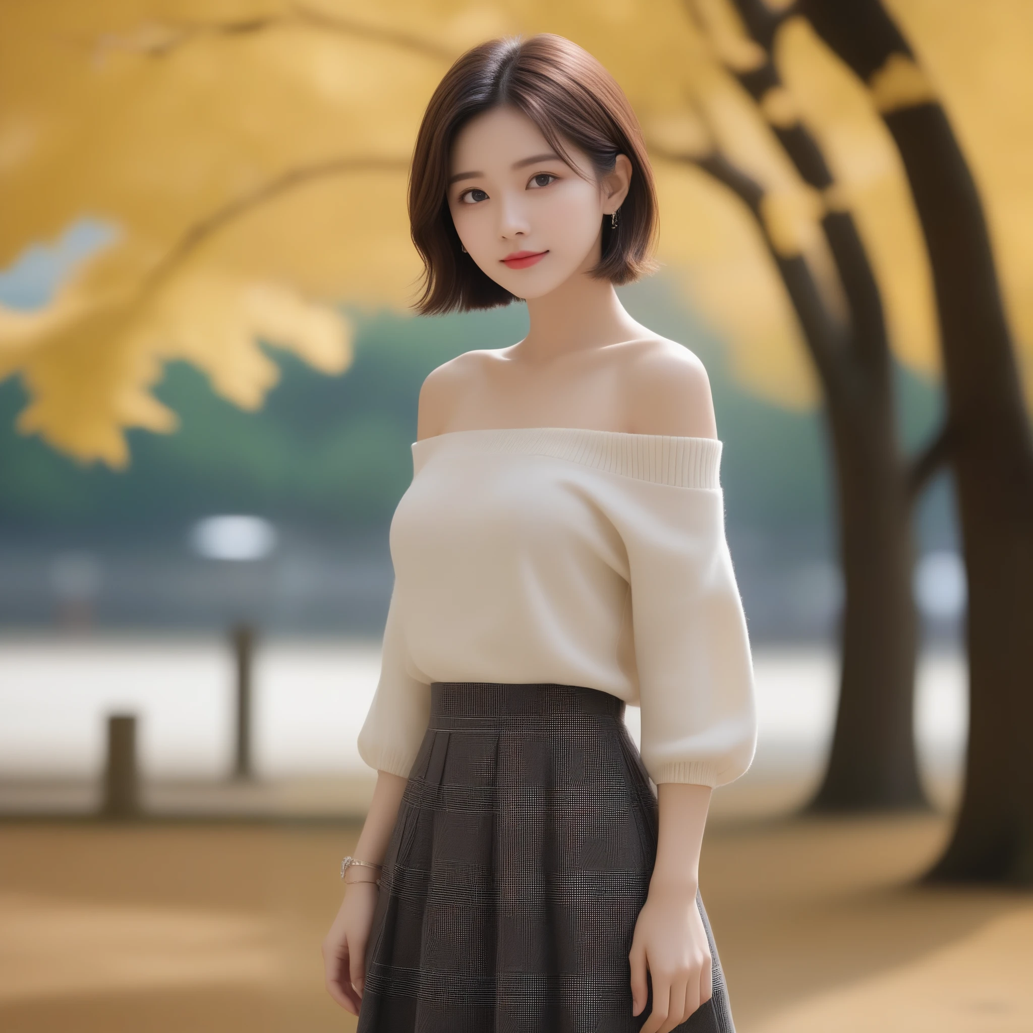 8k, Ultra-high resolution, highest quality, masterpiece, Rule of thirds photography,Surreal, photograph, 1 girl, (16 years old:1.3), pretty girl, Cute Face, Beautiful eyes in every detail, 細かくdetailedに,masterpiece,, One Girl:1.2, Japan Female Announcer, One beautiful woman、(alone:1.1)、Perfect beautiful composition、(Accentuate your body lines:1.1)、clavicle、( Berry short cut hair:1.1)、(The perfect brown off-the-shoulder knit sweater:1.2)、(Bare arms:1.2)、Exposed bare shoulders、(Elegant Checked Melton Skirt:1.2)、(A wrinkle-free and elegant tight skirt:1.1)、(whole bodyphotograph:1.1)、Look at me and smile、(Accurate city park background with strong blur:1.1)、(Landscape of the park in autumn:1.1)、(The autumn leaves in the background are blurred:1.1)、Standing Elegantly、Droopy eyes、Natural Makeup、Ultra-high definition beauty face、Ultra-high resolutionの光る目,Looking at the audience、beauty,Long neck、Laugh a little、Please close your mouth and laugh、(((Ideal body type))),A cup small breasts :2,whole body、Perfect Anatomy、鮮明なdetailed、detailed、Surreal、Light and shadow,Strong light,Thin lips