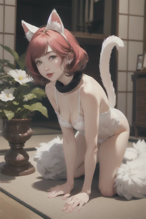 elegant mature japanese woman, 55 years old, noble lady, beautiful detailed lips, fluffy tail, long eyelashes, chubby body type, lingerie, (full body), sexy, glamorous, (cat ears), tail, bob haircut, collar, (red lipstick), charismatic, crawling on all fours