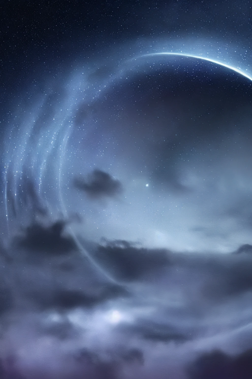 a view of a night sky with a crescent above the clouds, extremely beautiful and ethereal, fog and starry skies, glowing clouds, dreamy night, colorful night sky, beautiful night sky, foggy night sky, glowing colorful fog, very magical and dreamy, incredibly ethereal, ✨🕌🌙, dreamy sequence, beautiful and mysterious, stars and moons in the sky, detailed dreamscape