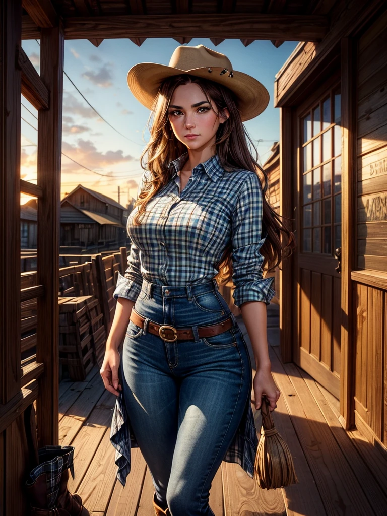 Masterpiece, art, full body shot, young beautiful woman, flawless skin, textured skin, very large firm breasts, perfect proportions, cowgirl, plaid shirt tied, jeans pants, boots, hat, gloves, farmhouse, sunshine, blue sky, vegetable garden, anime, sexy, erotic, UHD resolution, realistic detail, realistic reflections, realistic shadows, 3D,