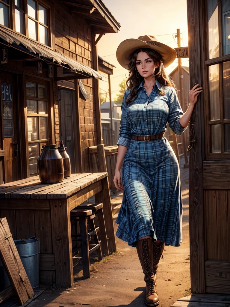 {Hyper realistic dynamic vision, sharp clean image and UHD 16K} A beautiful woman with a slim waist and snapper hips, in country style (thin blue and black plaid dress shirt, tight fitted shirt), standing out in a western town. Her tanned skin shines in the setting sun, “sweat”, large symmetrical and radiant green eyes, wavy brown hair falls gently over her shoulders. She wears a brown cowboy hat, thin blue and black plaid, tight-fitting dress shirt, faded jeans, and embroidered leather boots. It is on a dirt street surrounded by typical western wooden buildings. The local saloon has swinging doors and a porch where the cowboys chat. The barbershop has a rotating plate and the blacksmith shop next door is active with the sound of hammering. Horses tied to wooden posts and a hay cart passing by complete the scene. The golden light of the sunset casts shadows and bathes the city in a warm glow, capturing the vibrant essence of the Old West.