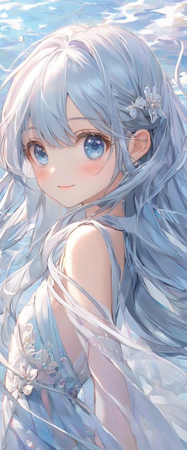 masterpiece, best quality, extremely detailed, (illustration, official art:1.1), 1 girl ,(((( light blue long hair)))), ,(((( light blue long hair)))),light blue hair, ,, long hair ((blush)) , cute face, big eyes, masterpiece, best quality,(((((a very delicate and beautiful girl))))),Amazing,beautiful detailed eyes,blunt bangs((((little delicate girl)))),tareme(true beautiful:1.2), sense of depth,dynamic angle,,,, affectionate smile, (true beautiful:1.2),,(tiny 1girl model:1.2),)(flat chest), 　　Mermaid Girl　Beautiful blue eyes　blue hairs　Tsundere　Twilight　,subtle sunlight,fresh air,vibrant colors,lush greenery,fragrant flowers,slender figure,supple body,pink blush,lively expression,dynamic pose,ethereal beauty,happy and carefree,luminous glow,playful atmosphere,serene ambiance,magical atmosphere,light breeze,crystal-clear eyes,sweet innocence,innocent curiosity,timeless beauty,stunning appearance,unforgettable image,artistic masterpiece,portrait style,photo-realistic rendering,exquisite details,impeccable craftsmanship