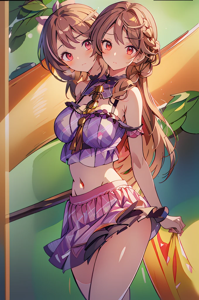 (masterpiece, best quality), best quality, (ultra-detailed), (3heads:1.5), 1girl, (sumireko usami:1.3), masterpiece, best quality, ultra quality, ultra resolution, ultra detail, purple plaid top, crop top, ((stomach)), midriff, ((groin)), purple plaid skirt, normal ears, shackles, brown hair, shoulder-length hair, pigtails, very long hair, wavy hair, sidelocks, brown eyes, detailed eyes, parted lips, sweat, cute, open belly, toned belly, hand on own chest, eyelashes, (24 year old woman:1.3), (masterpiece:1.5), (best quality:1.5), (beautiful detailed), extremely detailed CG, extremely delicate and beautiful, depth of field, (finely detailed face), (perfect details:1.2), (mature female:1.3), wide pelvis, slender, large veiny breast, 16k resolution, highres, very high quality, very high definition, extremely detailed, masterpiece, brown hair, long hair, alluring presence, braid, short skirt, close up, big tits, young, fedora, open belly,