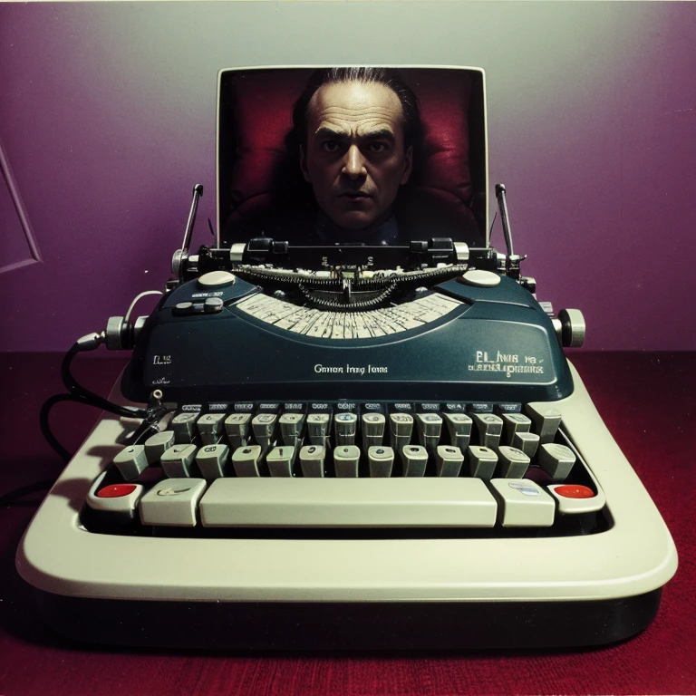 R.L. Stine, on a typewriter, art by gustave dore, by h.r. giger, by junji ito 