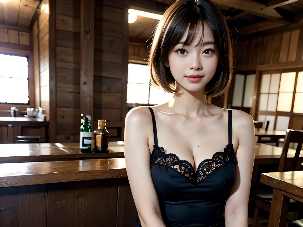 Product quality,photograph、 8k wallpaper、 One girl, Upper Body Shot, Front view, Young and beautiful woman in Japan, 、Idol、、bar、Tavern、Izakaya chair、Sitting with a smile, attractive、Light black clothing、Floral clothes、Silk Camisole、Wearing a pleated miniskirt, Super cute face, Glossy lips, Double eyelids on both eyes, Natural Makeup, Long eyelashes, shiny smooth light brown 、Ultra short hair、Berry Short, Straight bangs、 Sunburned skin, Center image, High resolution, High detail, Detailed hairstyle, Detailed face, Spectacular movie lighting, Octane Rendering, Vibrant, Ultra-realistic, Perfect limbs, Perfect Anatomy、Golden embroidery、
