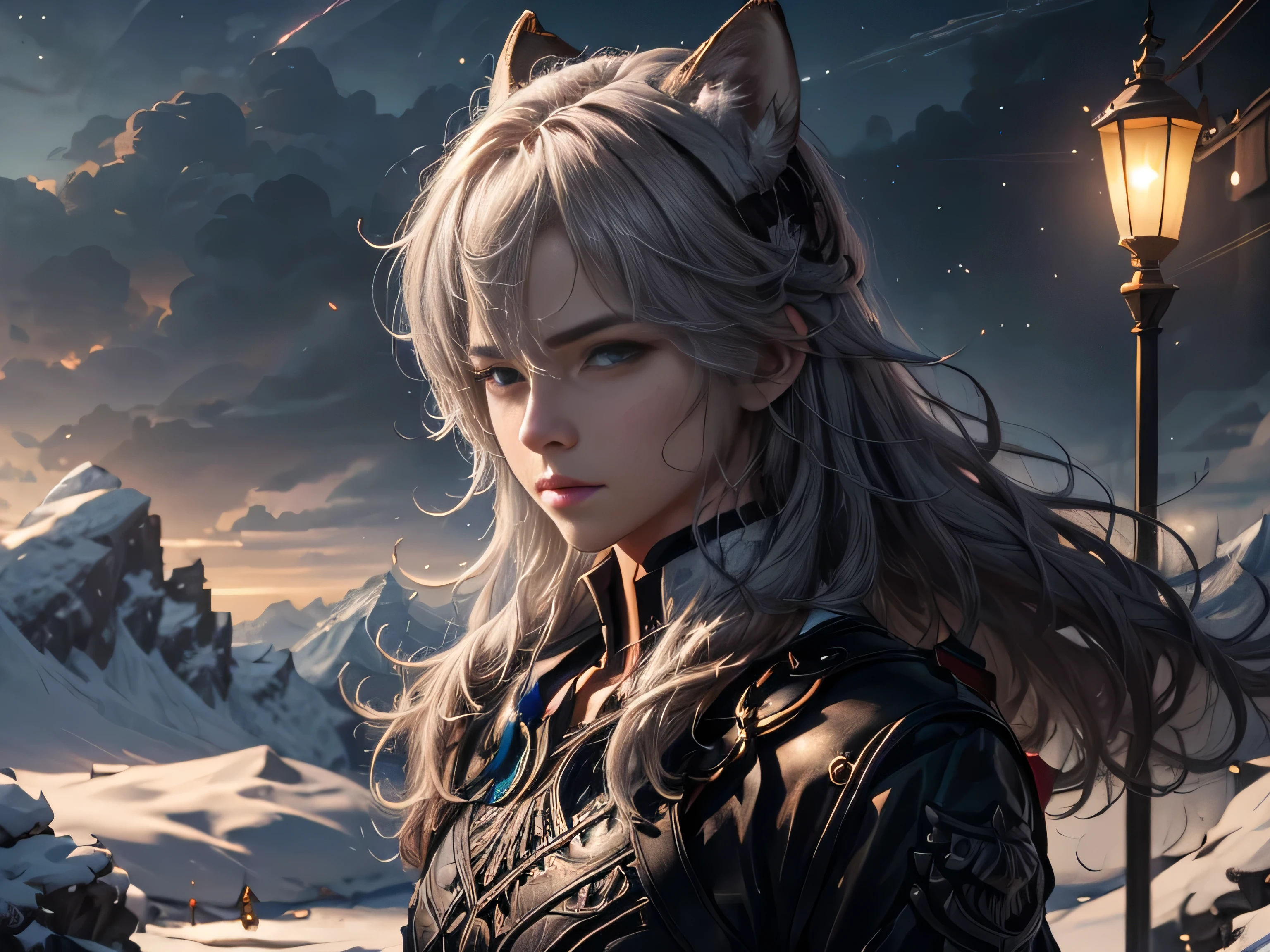 (Best Quality, 8K, Masterpiece, HDR, Soft Lighting, Picture Perfect, Realistic, Vivid), Black-haired guy with fox ears and baby fox animal lie on the snow, on the mountainside, Anime Illustrations, Beautiful Illustrations, Exquisite Digital Illustrations, Realistic digital anime, realistic digital anime art, (ultra high quality fantasy art), masterpiece, male model, ultra high quality male character designs, anime art with 8k development, realistic anime art, highest quality wallpaper illustrations, complex ultra high quality accurate male characters faces, high quality design and accurate physics (super-quality fantasy style)), art, dark fantasy)) Style), masterpieces, super-quality characters, anime resolution - 8K, realistic anime art, wallpapers with the highest quality illustrations, ultra-high detail of faces, high-quality design and physics accuracy), color, depth of field, shadows, ray tracing, production of high-quality computer wallpapers and 8K resolution, (Accurate simulation of the interaction of light and materials)], [High-quality detailed hair [More about beautiful and shiny red hair]], (Beautifully detailed hands [perfect fingers [Perfect nails]], (perfect anatomy (perfect proportions)))) [[Full length]], [Perfect color combination (Accurate imitation of the interaction of light and material)], [art that conveys the meaning of the story ]