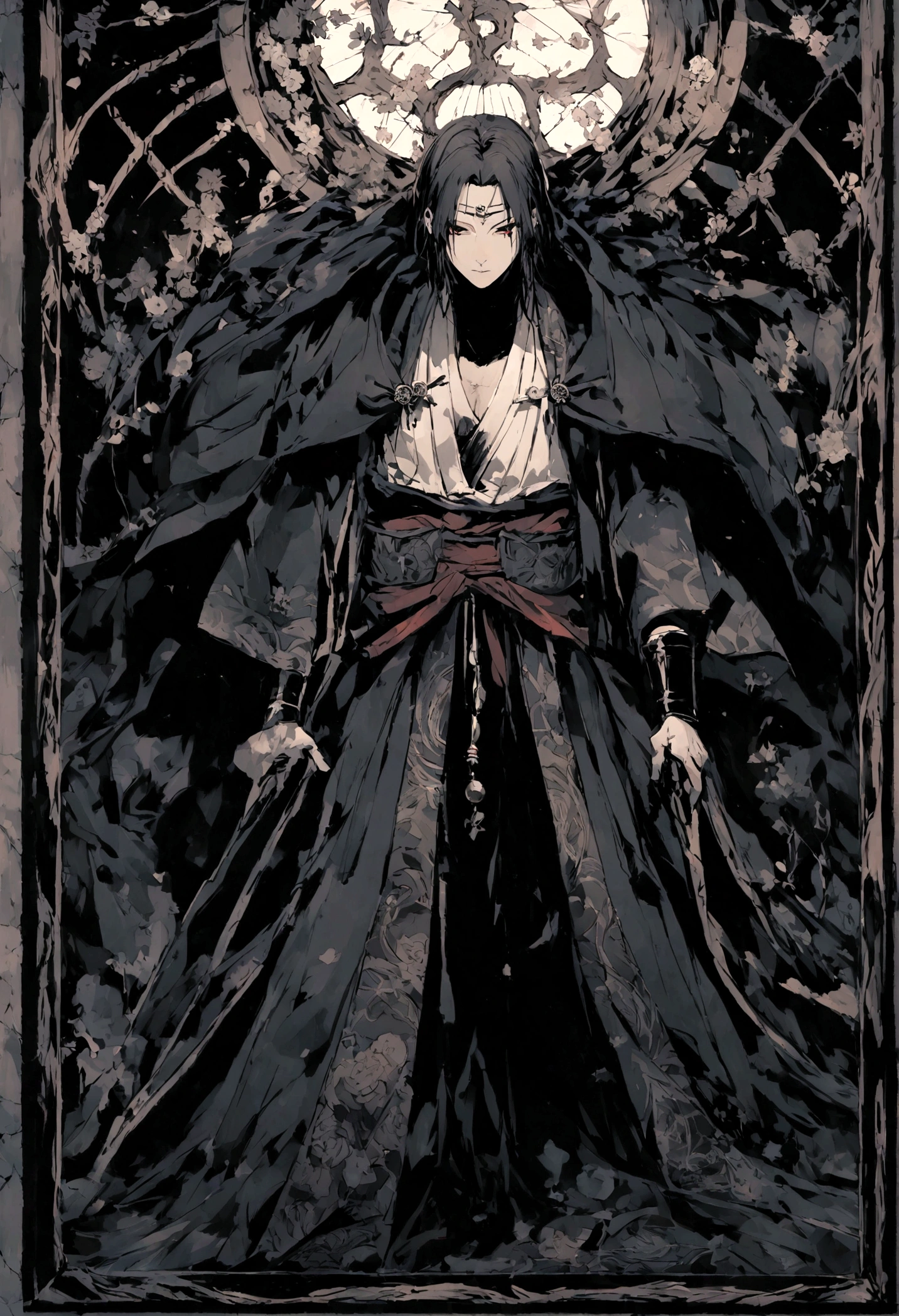 Enter the enigmatic world of Uchiha Itachi, a figure shrouded in mystery and complexity. Clad in his iconic cloak, the darkness seems to linger around him, hinting at the shadows of his past and the weight of his sacrifices. His piercing gaze betrays a depth of wisdom and sorrow, a reflection of the burdens he carries as a shinobi with a tumultuous past. As a member of the renowned Uchiha clan, Itachi's presence exudes a blend of power and restraint, an embodiment of the clan's legacy and tragic history. His attire bears the distinct Uchiha symbol, a reminder of his heritage and the path he has walked. In this portrayal, Itachi stands as a formidable yet enigmatic figure, captivating viewers with his stoic demeanor and inscrutable expression. His character is a tapestry of contradictions, a mix of darkness and light, strength and vulnerability, making him a compelling and multifaceted individual in the world of shinobi. Immerse yourself in the enigma of Uchiha Itachi, where shadows and light dance upon his visage, revealing only fragments of the intricate tapestry that is his story. Explore the depths of his character and the legacy he carries, as he walks the fine line between darkness and redemption in the ever-evolving world of ninjutsu and shinobi warfare. Banda en la cabeza con el simbolo de la aldea de la hoja, la banda es de metal debajo tiene cuero negro.
