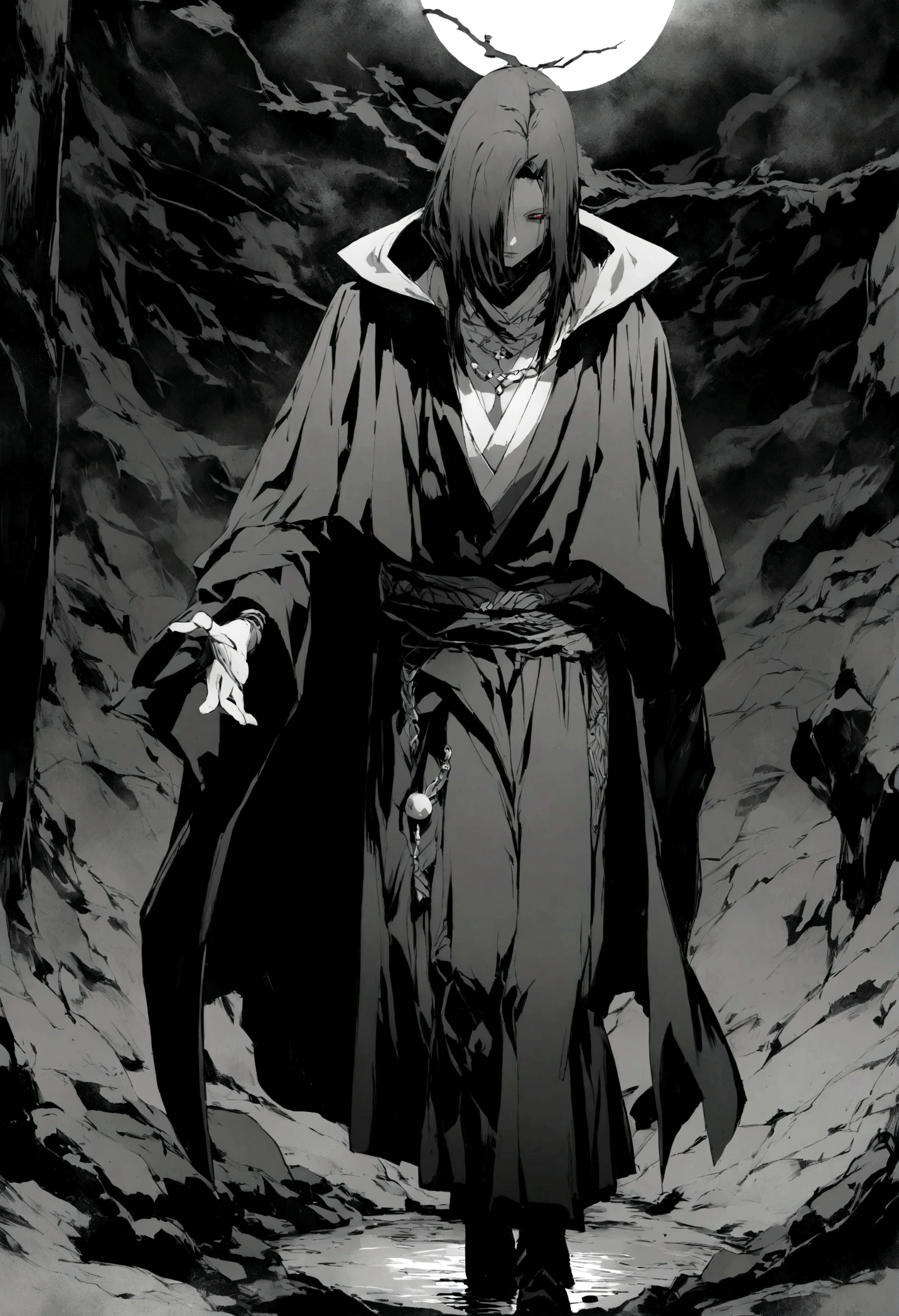 Enter the enigmatic world of Uchiha Itachi, a figure shrouded in mystery and complexity. Clad in his iconic cloak, the darkness seems to linger around him, hinting at the shadows of his past and the weight of his sacrifices. His piercing gaze betrays a depth of wisdom and sorrow, a reflection of the burdens he carries as a shinobi with a tumultuous past. As a member of the renowned Uchiha clan, Itachi's presence exudes a blend of power and restraint, an embodiment of the clan's legacy and tragic history. His attire bears the distinct Uchiha symbol, a reminder of his heritage and the path he has walked. In this portrayal, Itachi stands as a formidable yet enigmatic figure, captivating viewers with his stoic demeanor and inscrutable expression. His character is a tapestry of contradictions, a mix of darkness and light, strength and vulnerability, making him a compelling and multifaceted individual in the world of shinobi. Immerse yourself in the enigma of Uchiha Itachi, where shadows and light dance upon his visage, revealing only fragments of the intricate tapestry that is his story. Explore the depths of his character and the legacy he carries, as he walks the fine line between darkness and redemption in the ever-evolving world of ninjutsu and shinobi warfare. Banda en la cabeza con el simbolo de la aldea de la hoja, la banda es de metal debajo tiene cuero ?????.