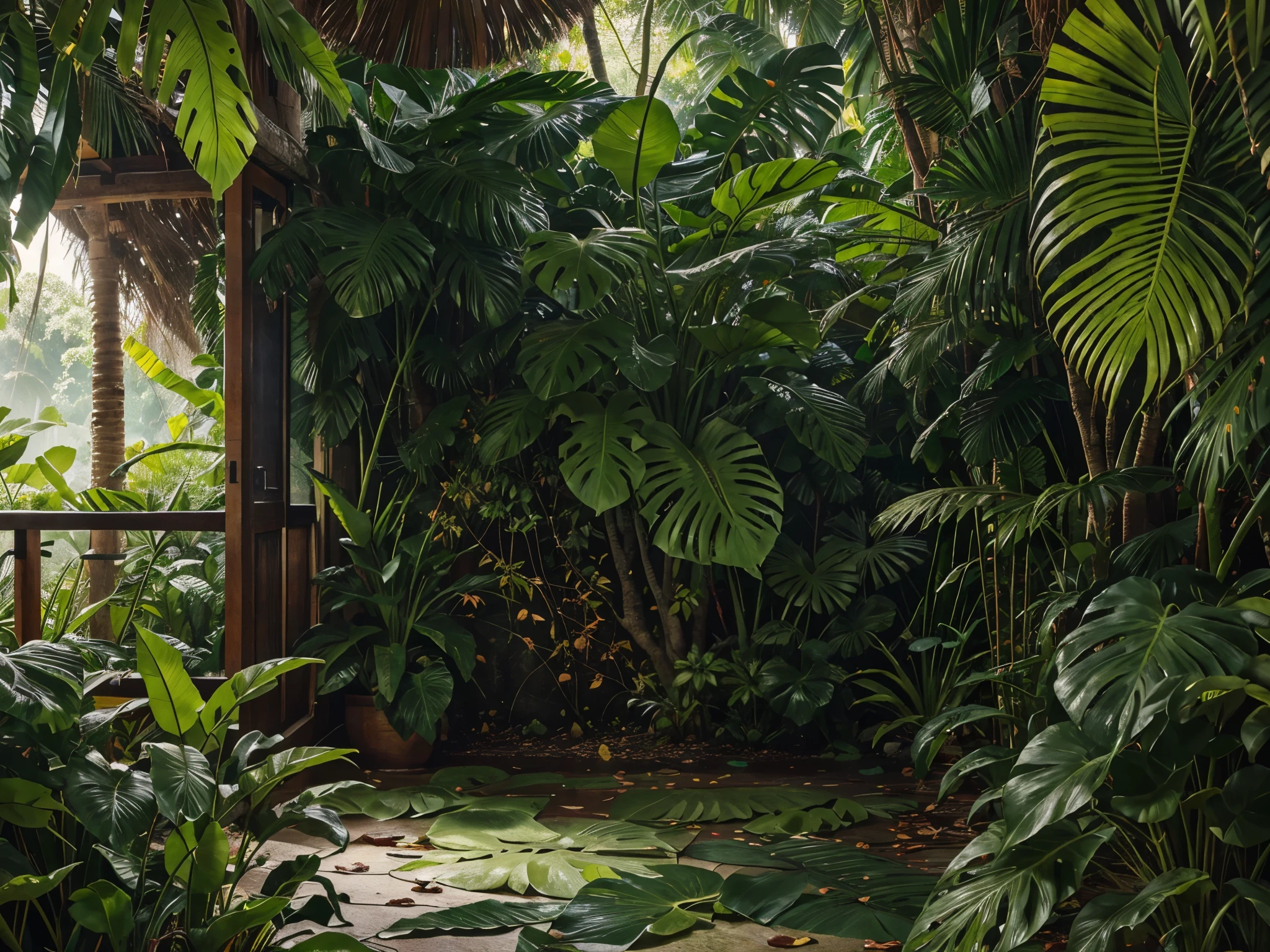 A lush and vibrant tapestry of tropical leaves cascades across the wallpaper, each leaf a vibrant shade of green, dancing in the sunlight. The intricate veins and glossy sheen of the leaves bring a sense of life and movement to the still image. This exquisite painting captures the beauty of a tropical landscape, with rich, saturated colors and a sense of depth that draws the eye in. The high-resolution details transport viewers to a serene jungle setting, where the warm breeze rustles the leaves and birdsong fills the air. This stunning wallpaper truly brings a touch of paradise into any space.