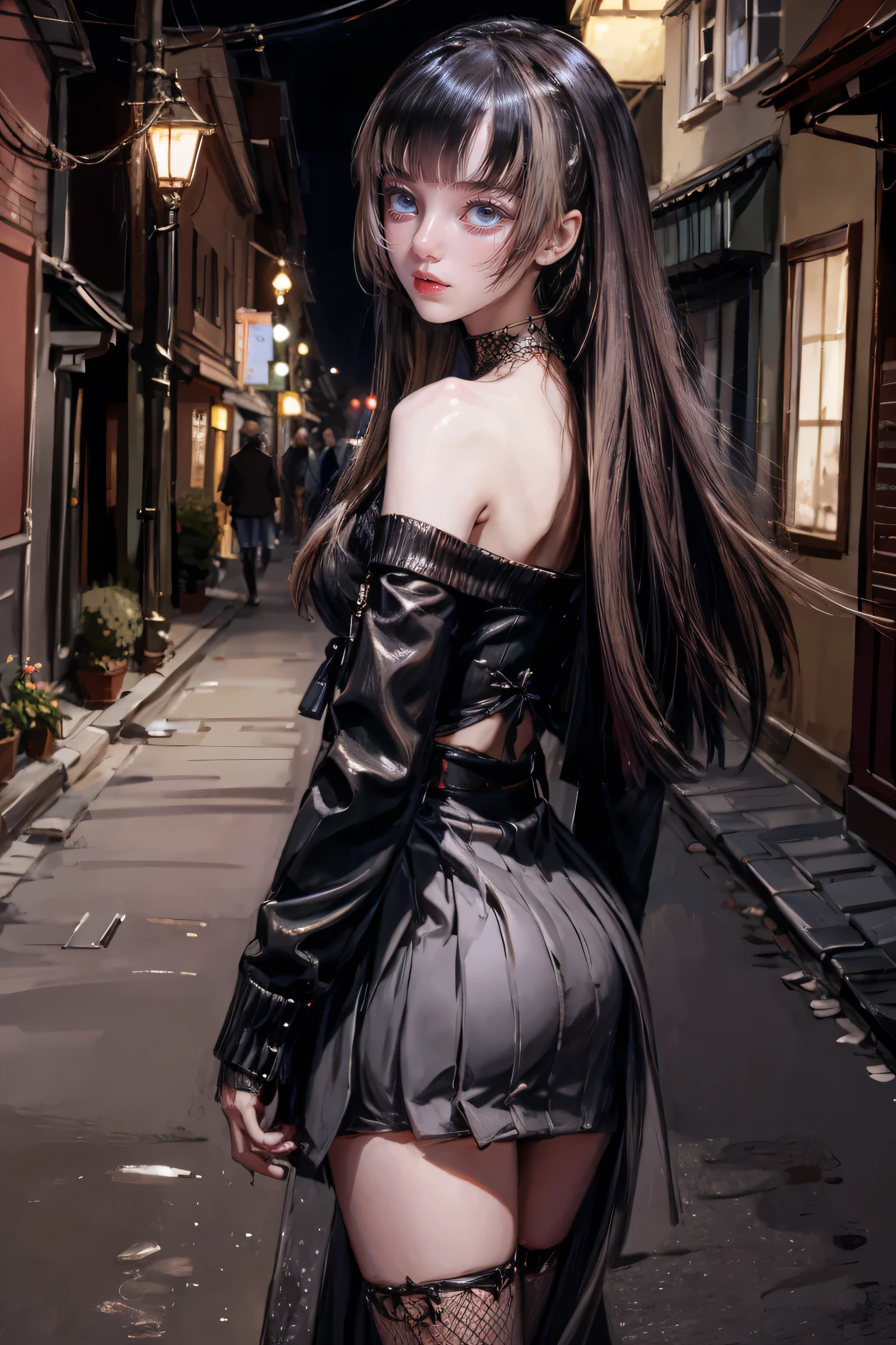 (((NSFW0.7))),(((highest quality, 8k, masterpiece))), Sharp focus, (Beautiful woman with perfect figure), thin, (Hairstyle: Excellent)), ((Back alley at night)), street: 1.2 Highly detailed face and skin texture Detailed eyes double eyelid random pose, (smile), Realistic Face, double eyelid,smile,Summer festival , At sunset , Beautiful Teeth , Thigh straps, Wear a leather jacket、Off-the-shoulder sweater、Grey vertical rib sweater dress、Fishnet tights、garter belt、Excellent black sexy underwear、Night view、