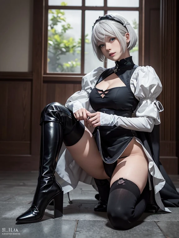 8K,Masterpiece,One woman,Close-up,Portrait Photography,japanese sword,smile,30 years old,blue eyes,White Hair,Short Bob Hair,(Gothic ta),Dutch beauty,Ella Freya(Ella Freya),(White panties),2b, short hair, Knee socks, gloves, Long sleeve, dress, Slender figure, Cleavage, Small breasts, Gray Hair, hair band, boots, Puffy sleeves, black Knee socks, Black footwear, Mole, black dress, High heels, leotard, Clothing cutouts, thigh boots, Cleavage cutout, black hair band, Juliet Sleeve, high heel boots,skirt lift,Panty Shot