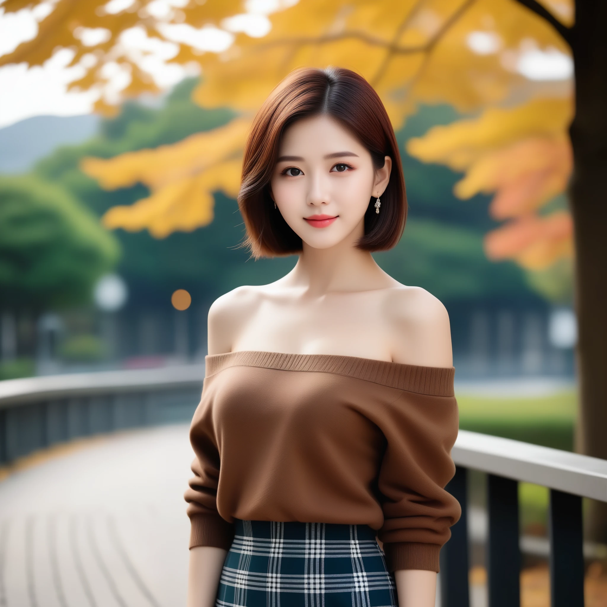 8k, Ultra-high resolution, highest quality, masterpiece, Rule of thirds photography,Surreal, photograph, 1 girl, (16 years old:1.3), pretty girl, Cute Face, Beautiful eyes in every detail, 細かくdetailedに,masterpiece,, One Girl:1.2, Japan Female Announcer, One beautiful woman、(alone:1.1)、Perfect beautiful composition、(Accentuate your body lines:1.1)、clavicle、( Berry short cut hair:1.1)、(The perfect brown off-the-shoulder knit sweater:1.2)、(Bare arms:1.2)、Exposed bare shoulders、(Elegant Checked Melton Skirt:1.2)、(A wrinkle-free and elegant tight skirt:1.1)、(whole bodyphotograph:1.1)、Look at me and smile、(Accurate city park background with strong blur:1.1)、(Landscape of the park in autumn:1.1)、(The autumn leaves in the background are blurred:1.1)、Standing Elegantly、Droopy eyes、Natural Makeup、Ultra-high definition beauty face、Ultra-high resolutionの光る目,Looking at the audience、beauty,Long neck、Laugh a little、Please close your mouth and laugh、(((Ideal body type))),A cup small breasts :2,whole body、Perfect Anatomy、鮮明なdetailed、detailed、Surreal、Light and shadow,Strong light,Thin lips