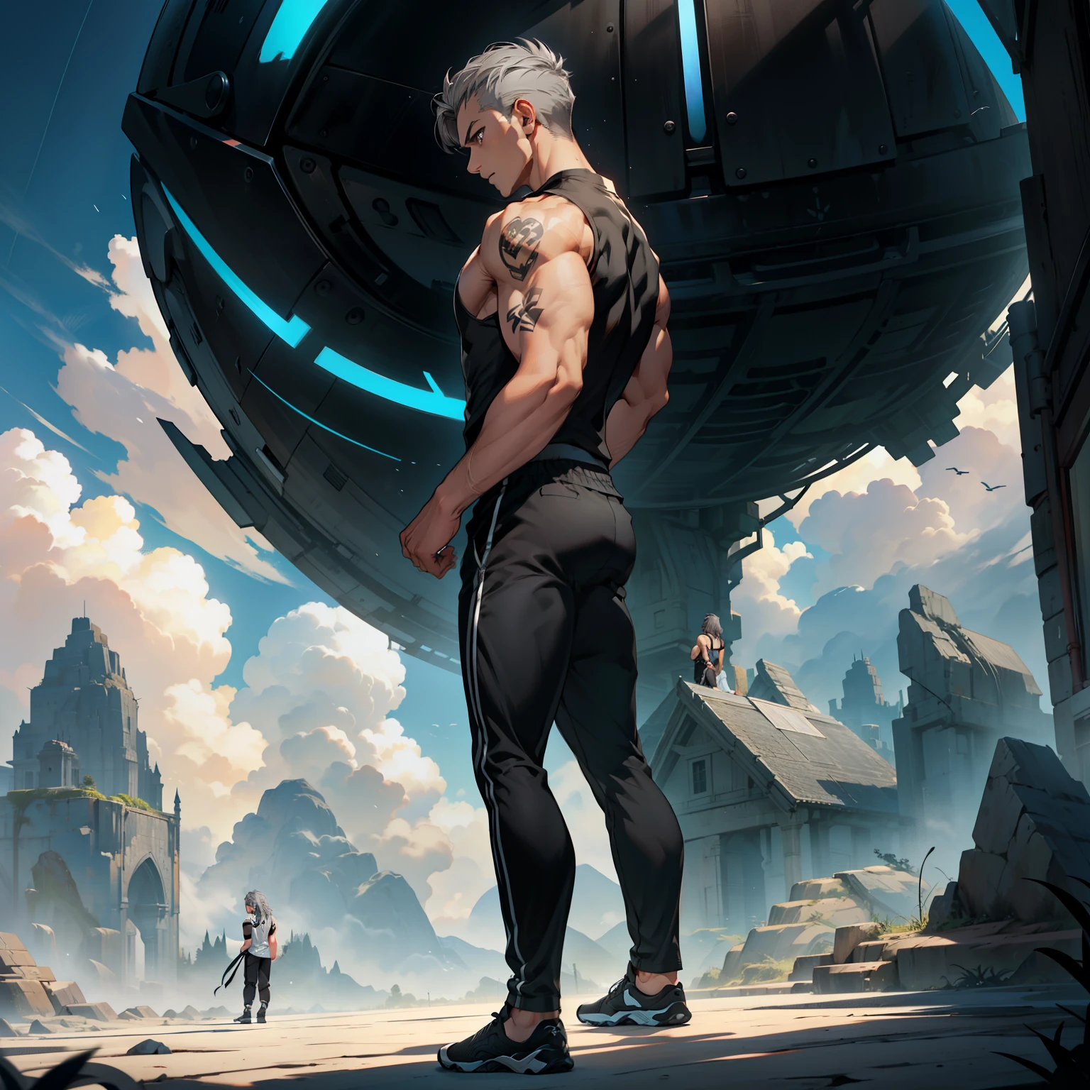 1boys, Full body, Serious face, brown eyes, ((gray hair)), high-cut hair, neck long hair, ((muscular)), wearing ((black sleeveless shirt)), black tracksuit pants, black shoes, levitate on air, blue sky, cloud, side back view