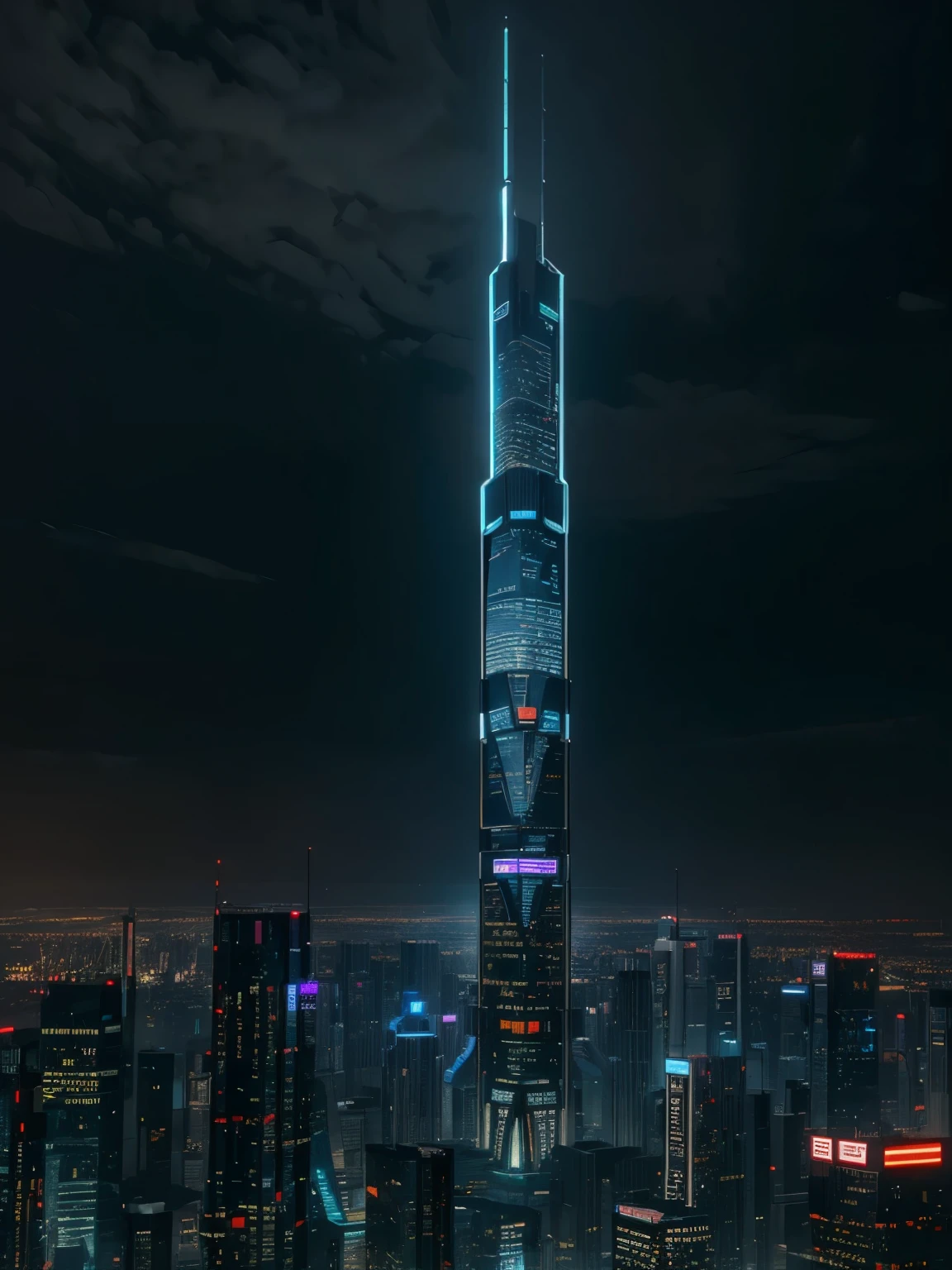 Future architecture, Cyberpunk, Tallest Building, Sky Landscape, Neon lights on buildings, 8K picture quality, masterpiece, nobody