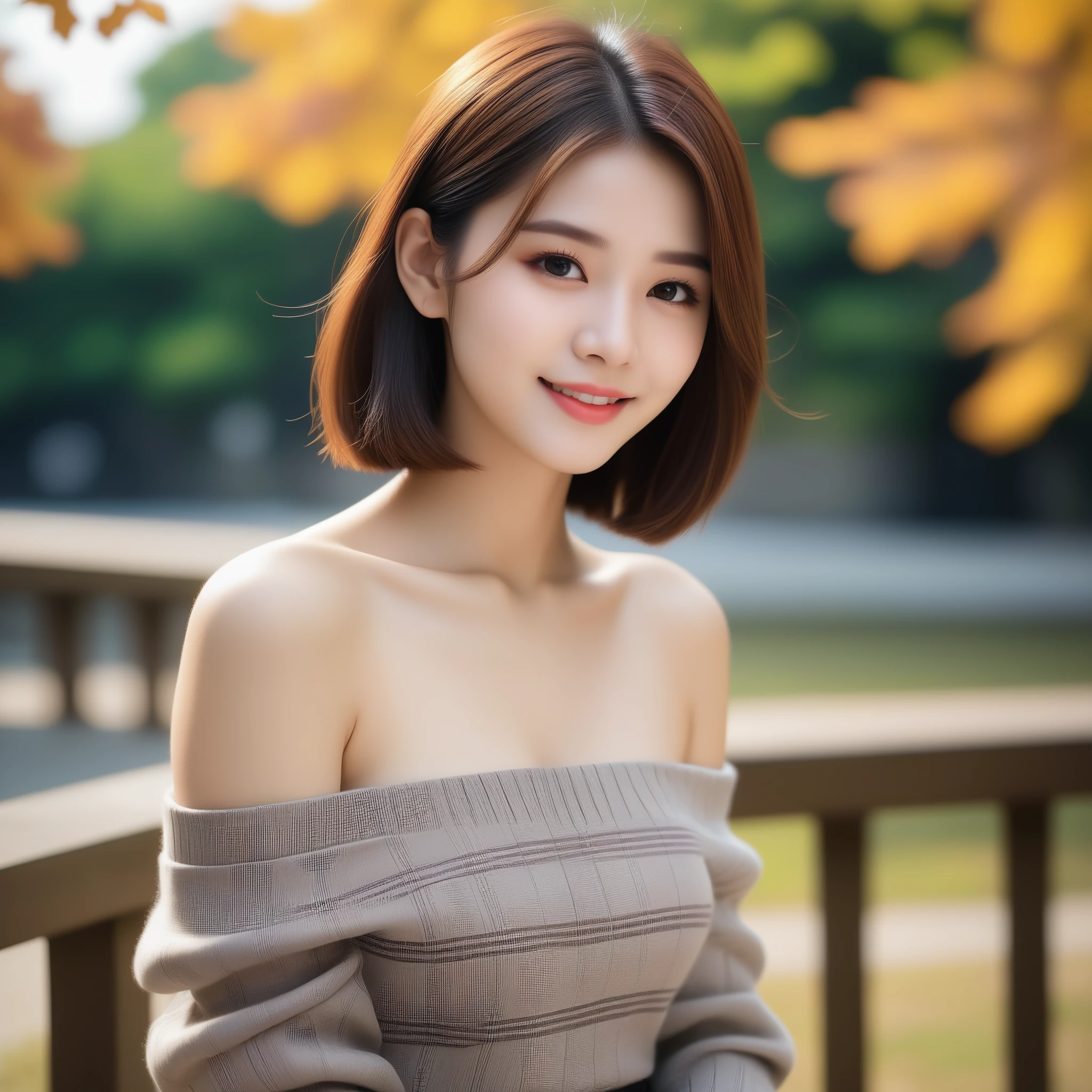 8k, Ultra-high resolution, highest quality, masterpiece, Rule of thirds photography,Surreal, photograph, 1 girl, (16 years old:1.3), pretty girl, Cute Face, Beautiful eyes in every detail, 細かくdetailedに,masterpiece,, One Girl:1.2, Japan Female Announcer, One beautiful woman、(alone:1.1)、Perfect beautiful composition、(Accentuate your body lines:1.1)、clavicle、( Berry short cut hair:1.1)、(The perfect brown off-the-shoulder knit sweater:1.2)、(Bare arms:1.2)、Exposed bare shoulders、(Elegant Checked Melton Skirt:1.2)、(A wrinkle-free and elegant tight skirt:1.1)、(whole bodyphotograph:1.1)、Look at me and smile、(Accurate city park background with strong blur:1.1)、(Landscape of the park in autumn:1.1)、(The autumn leaves in the background are blurred:1.1)、Standing Elegantly、Droopy eyes、Natural Makeup、Ultra-high definition beauty face、Ultra-high resolutionの光る目,Looking at the audience、beauty,Long neck、Laugh a little、Please close your mouth and laugh、(((Ideal body type))),A cup small breasts :2,whole body、Perfect Anatomy、鮮明なdetailed、detailed、Surreal、Light and shadow,Strong light,Thin lips