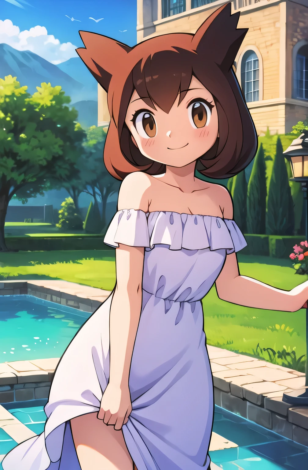 1 girl, solo, Pokemon Heroes (Bianca), Brown Hair, brown eyes, smile, cowboy shot, facing viewer,, absurdres, ultra detailed, masterpiece, best quality, r, masterpiece, best quality, Blushing, Bare Neck, Bare Shoulders, strapless, White Ruffle off the Shoulder maxi dress. Standing up. Cowboy shot. A landscape of blue skies, a rainbow, a mountain, a mansion, an garden maze, a water pool