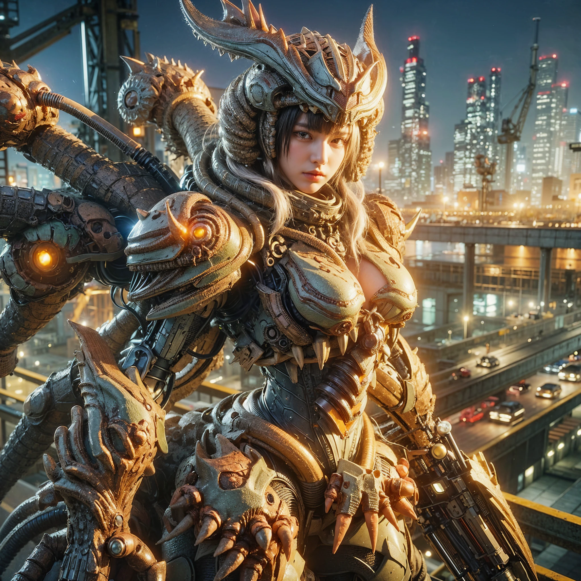 (extremely intricate all details)、(extremely realistic all Texture) 、glossy Texture、Navy blue heavy mechanical armor resembling a pillbug, designed by Hajime Katoki、1 person、Beautiful female soldier、Multi-legged、Heavyweight、Heavy Armor、Firearms、Ultra-realistic、Full Body Shot、Night view of the bayside industrial area、Spotlight lighting to illuminate characters、Please generate at least 4 copies.