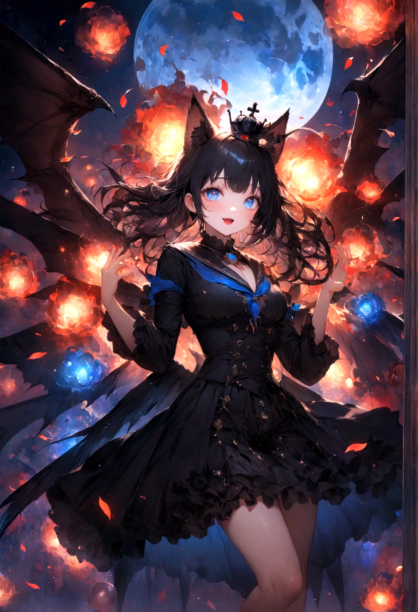 Marine Sailor、Sparkling blue eyes、Beautiful eyes、Strong eyes、Black Wings、Black Crown、girl、whole body、Black Hair、Cute black cat ears、beautiful青い目、Black Crown、Black and blue vampire wings、Glare、Also々funny Face、beautiful、blue Moon、Lots of sparkling lights、gem、Lots of blue light、Fantasy black cat,AmbiLight,The colors are vibrant and bright,Black background,mist,Detailed Description,Rich details,An explosion of imagination,Surreal,Ultra-realistic,masterpiece,8k,Light,Tyndall effect