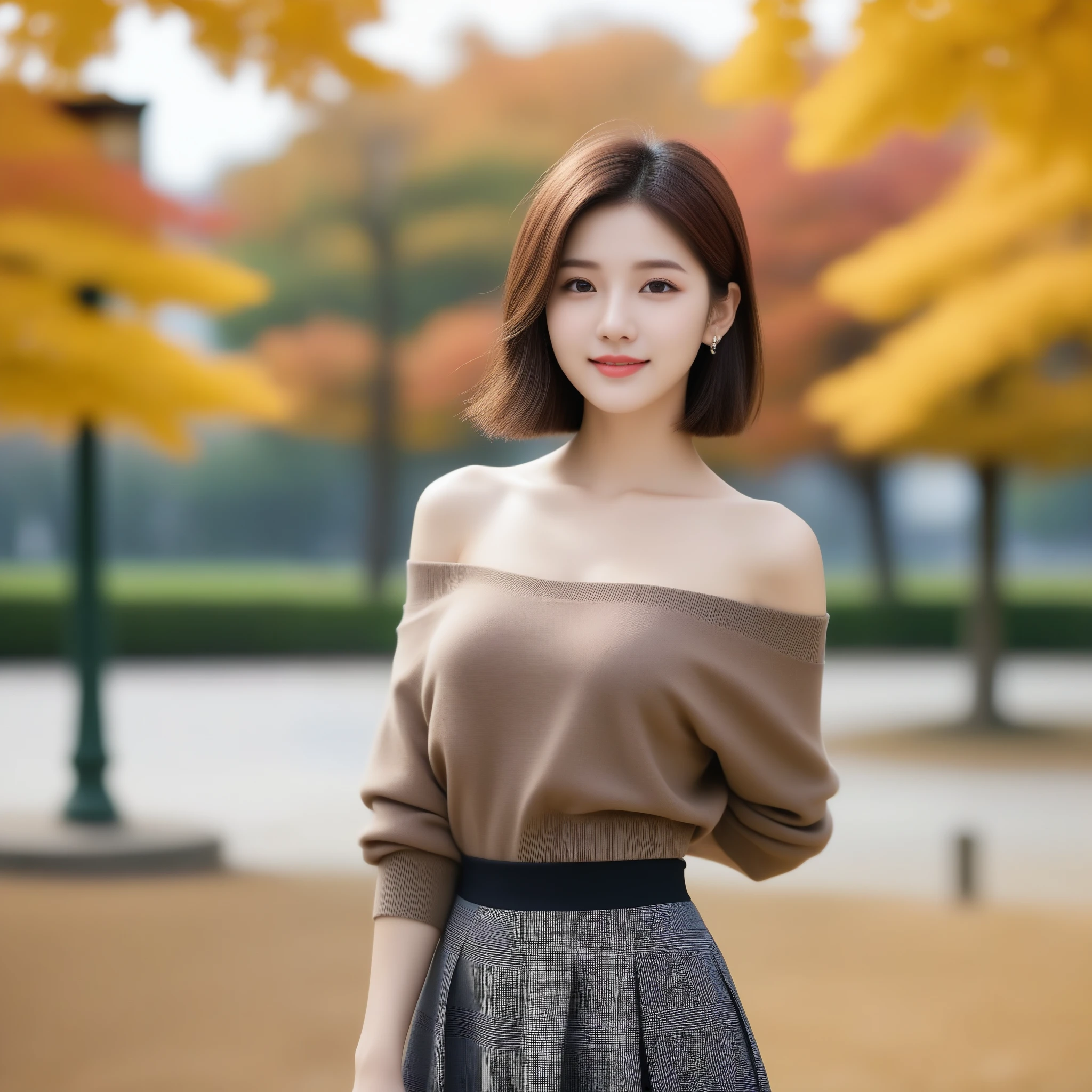 8k, Ultra-high resolution, highest quality, masterpiece, Rule of thirds photography,Surreal, photograph, 1 girl, (16 years old:1.3), pretty girl, Cute Face, Beautiful eyes in every detail, 細かくdetailedに,masterpiece,, One Girl:1.2, Japan Female Announcer, One beautiful woman、(alone:1.1)、Perfect beautiful composition、(Accentuate your body lines:1.1)、clavicle、( Berry short cut hair:1.1)、(The perfect brown off-the-shoulder knit sweater:1.2)、(Bare arms:1.2)、Exposed bare shoulders、(Elegant Checked Melton Skirt:1.2)、(A wrinkle-free and elegant tight skirt:1.1)、(whole bodyphotograph:1.1)、Look at me and smile、(Accurate city park background with strong blur:1.1)、(Landscape of the park in autumn:1.1)、(The autumn leaves in the background are blurred:1.1)、Standing Elegantly、Droopy eyes、Natural Makeup、Ultra-high definition beauty face、Ultra-high resolutionの光る目,Looking at the audience、beauty,Long neck、Laugh a little、Please close your mouth and laugh、(((Ideal body type))),A cup small breasts :2,whole body、Perfect Anatomy、鮮明なdetailed、detailed、Surreal、Light and shadow,Strong light,Thin lips