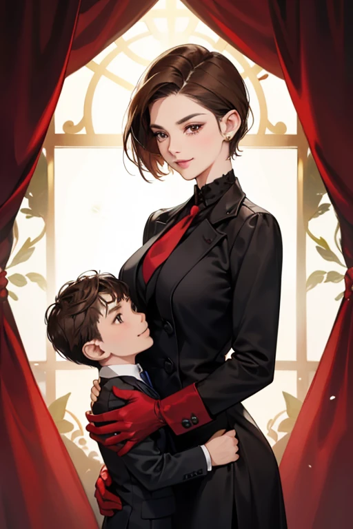 A mature woman with short brown hair, wearing a black suit and tie, red enamel gloves, and a gentle smile as she holds her child&#39;s cheek in the office
