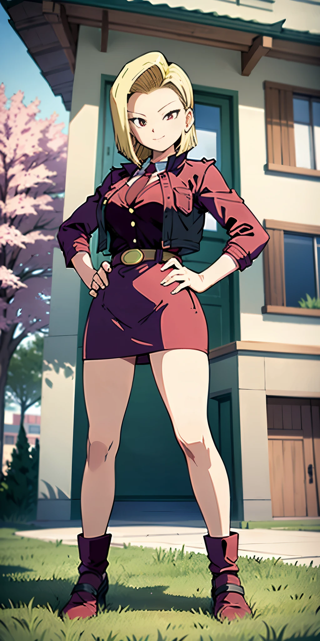 (Full body, view from below, cowboy shot, looking at viewer, masterpiece, best quality, ultra detailed, immaculate:1.2) Android 18 from DBZ, 30 y.o. woman, red eyes, short BLONDE hair, posing for photo, seductive smile, grey jacket, red necktie, green skirt, Sakura tree, building, (pinched eyes) (closed mouth) (hands on hips)
