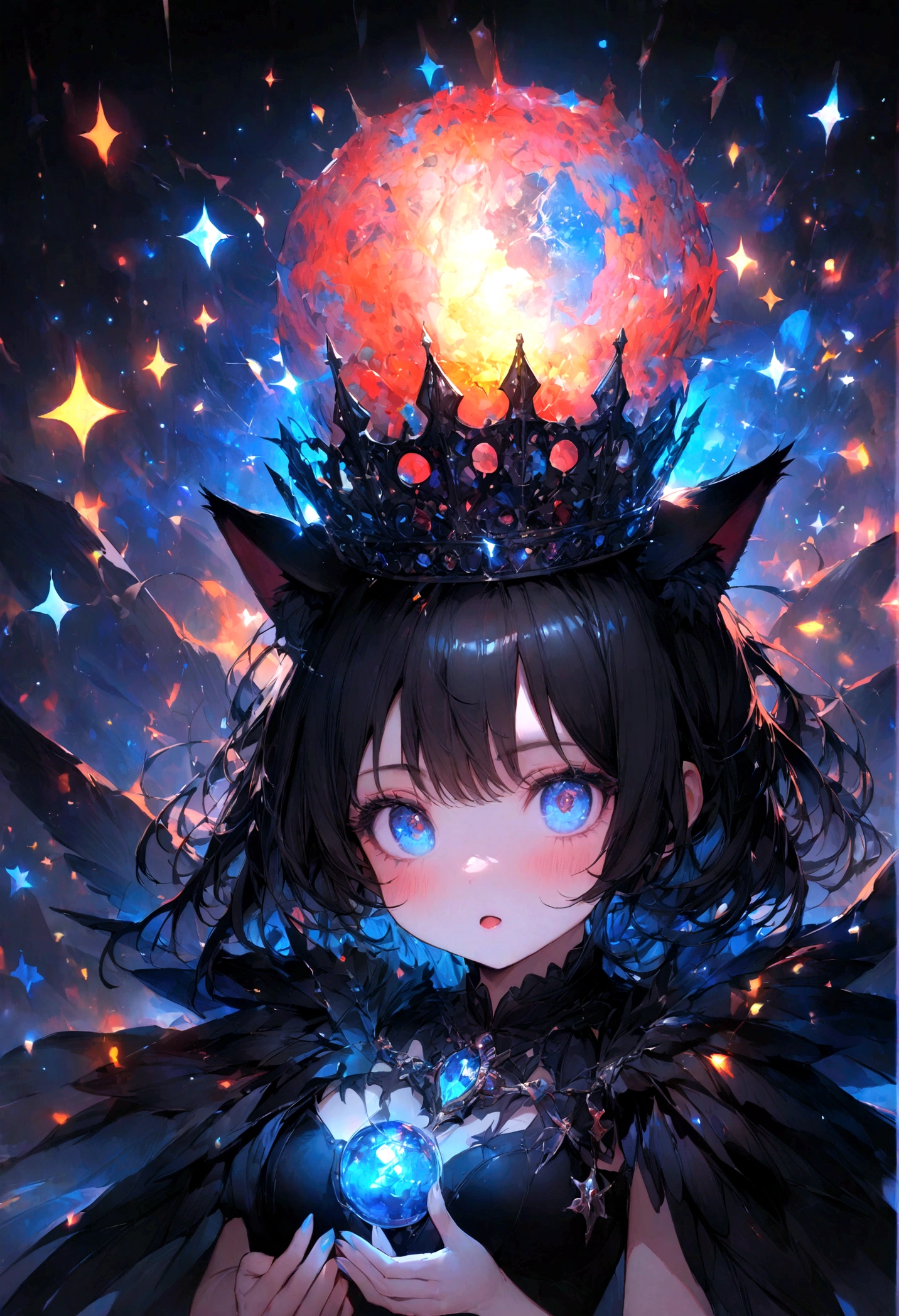 Marine Sailor、Sparkling blue eyes、Beautiful eyes、Strong eyes、Black Wings、Black Crown、girl、whole body、Black Hair、Cute black cat ears、beautiful青い目、Black Crown、Black and blue vampire wings、Glare、Also々funny Face、beautiful、blue Moon、Lots of sparkling lights、gem、Lots of blue light、Fantasy black cat,AmbiLight,The colors are vibrant and bright,Black background,mist,Detailed Description,Rich details,An explosion of imagination,Surreal,Ultra-realistic,masterpiece,8k,Light,Tyndall effect