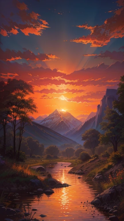 painting of a sunset over a mountain river with a lone elephant, sunset in a valley, pintura detalhada 4k, inspired por Sylvain Sarrailh, silvain sarrailh, Ryan Diar, sunset glow, Digital painting with 8k resolution, Digital painting with 8k resolution, pintura digital 4k, por Sylvain Sarrailh, pintura digital 4k