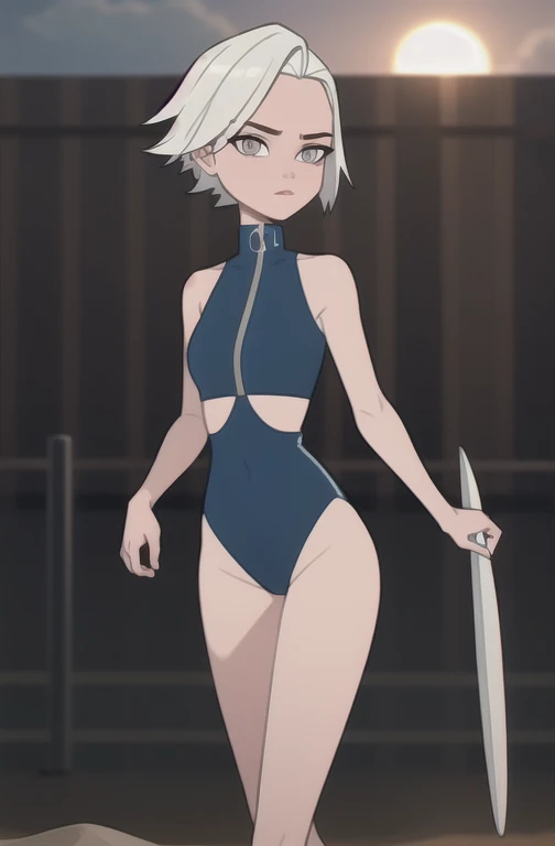 (dark theme:0.6), glucose as a lifesaver, 1 Girl, mature face, One, short hair, in a black sleeveless one-piece swimsuit,  sexuality, Sexy long legs, High growth, costs, Sun, wound, beach, pool, surfboard 1.2), White hair, pomade, decrease,  I look at the viewer, grey eyes, Sharp image, crop top, (HDR:1.22), Muted colors, complex background, Hyper detailed, art [[Jordan Grimmer]], 